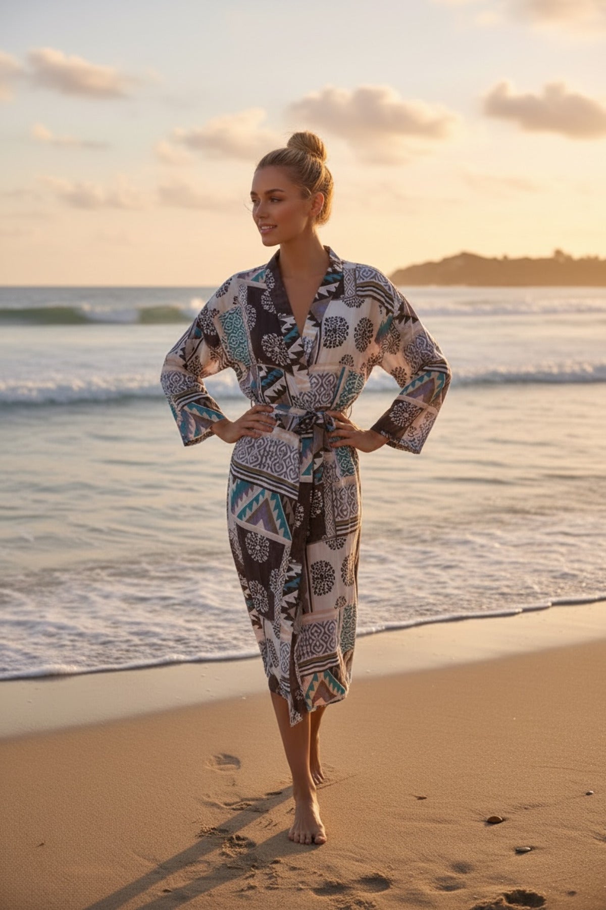 Adele Women's Belted Kimono - Brown Ethnic Print - product image 5