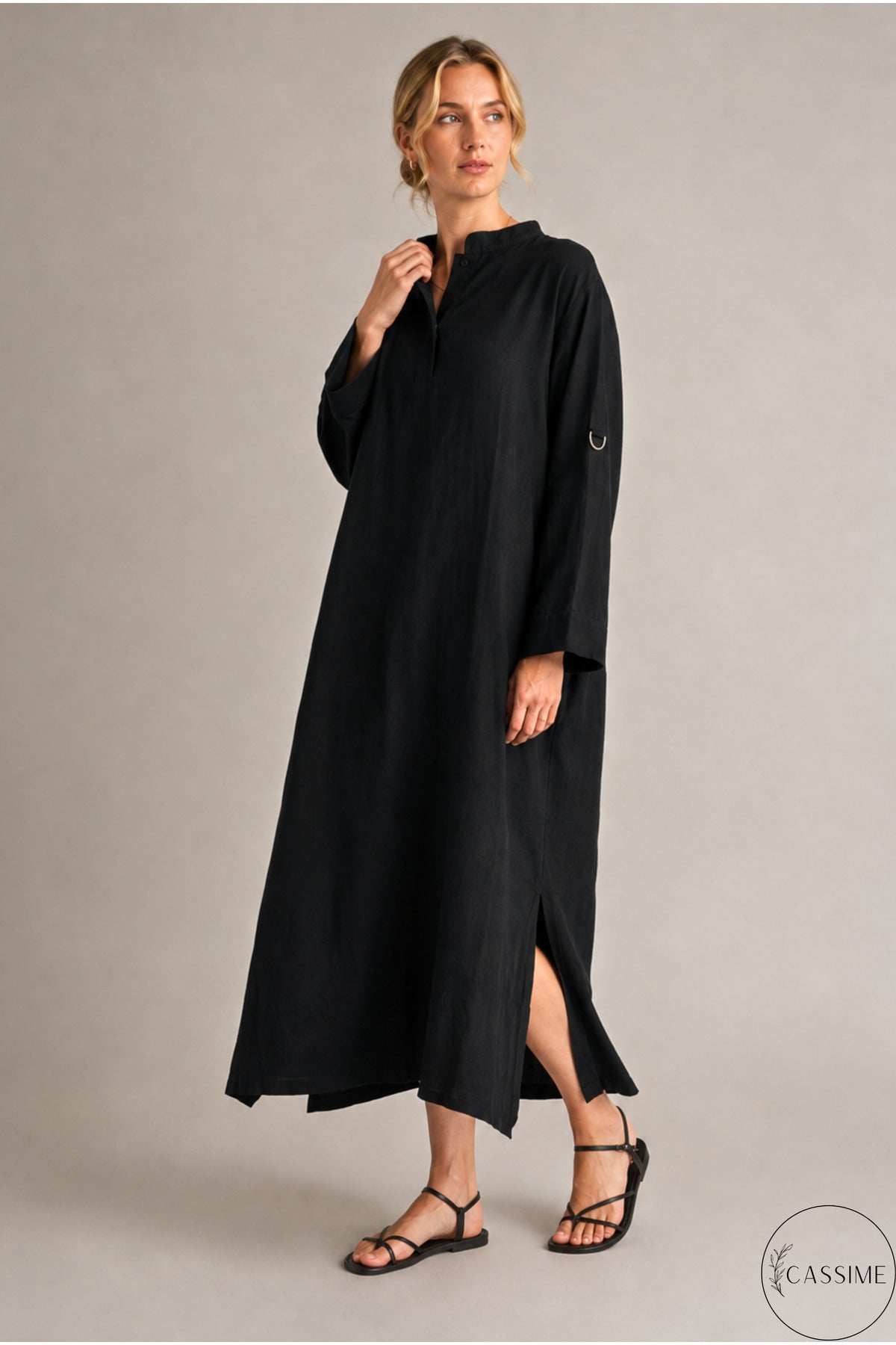 Hazel Women's Oversized Muslin Shirt Dress - Black Mandarin Collar