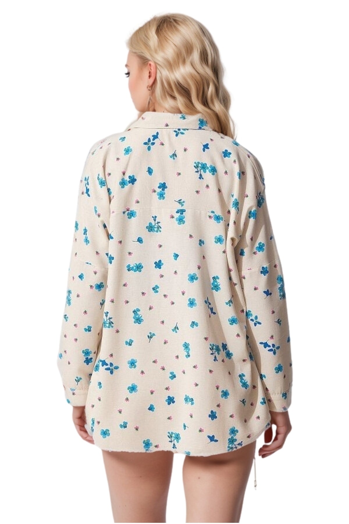 Emilia Women's Linen-Viscose Blend Oversized Printed Shirt - Beige and Blue Floral