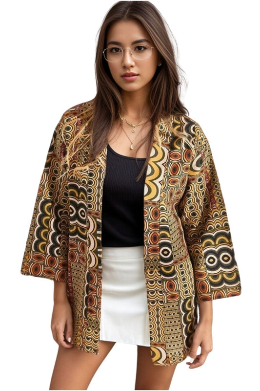 Catherine Women's Linen-Viscose Blend Relaxed Fit Kimono - Brown Geometric Print