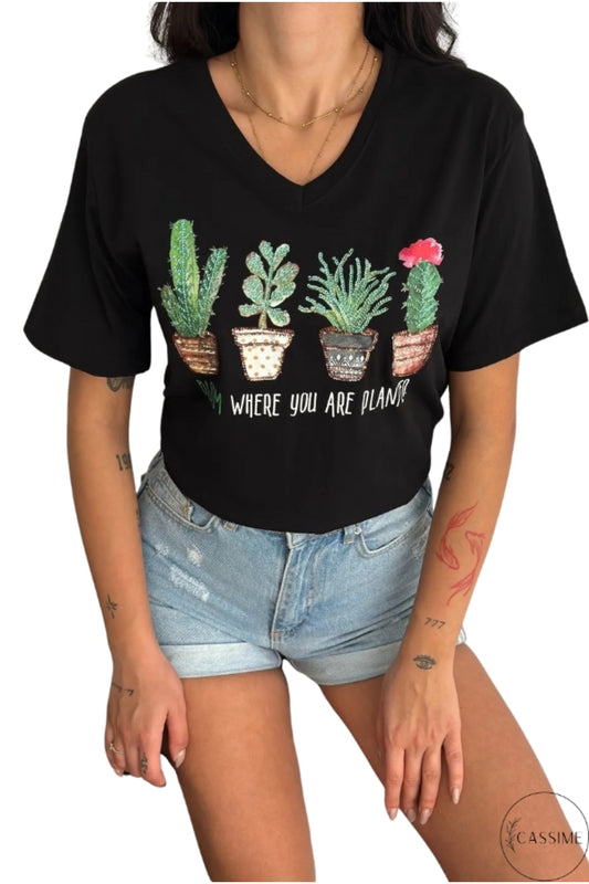 Sophie Women's Cotton Embellished V-Neck T-Shirt - Black Cactus Print