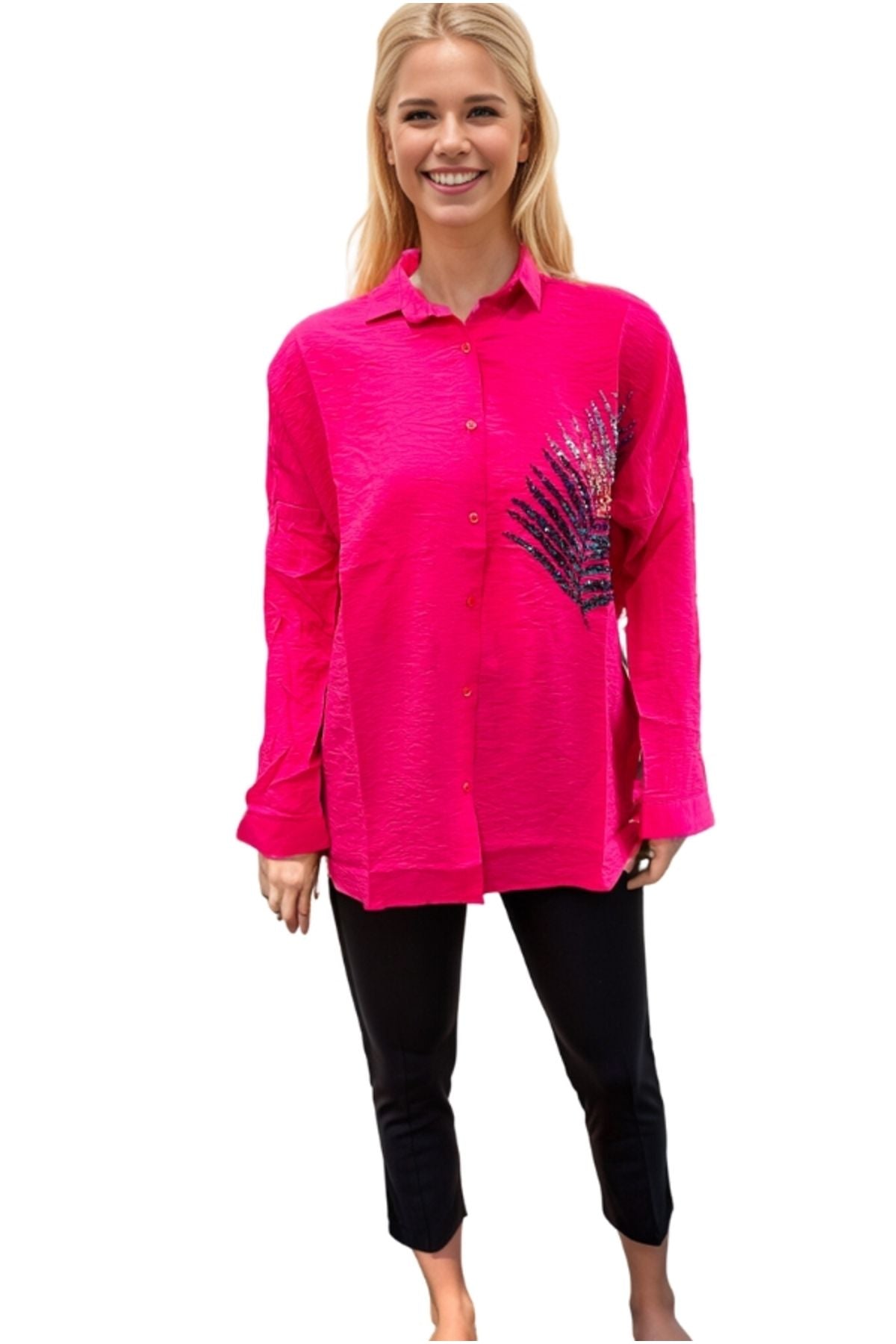 Delilah Women's Linen Oversized Embellished Long Sleeve Shirt - Fuchsia