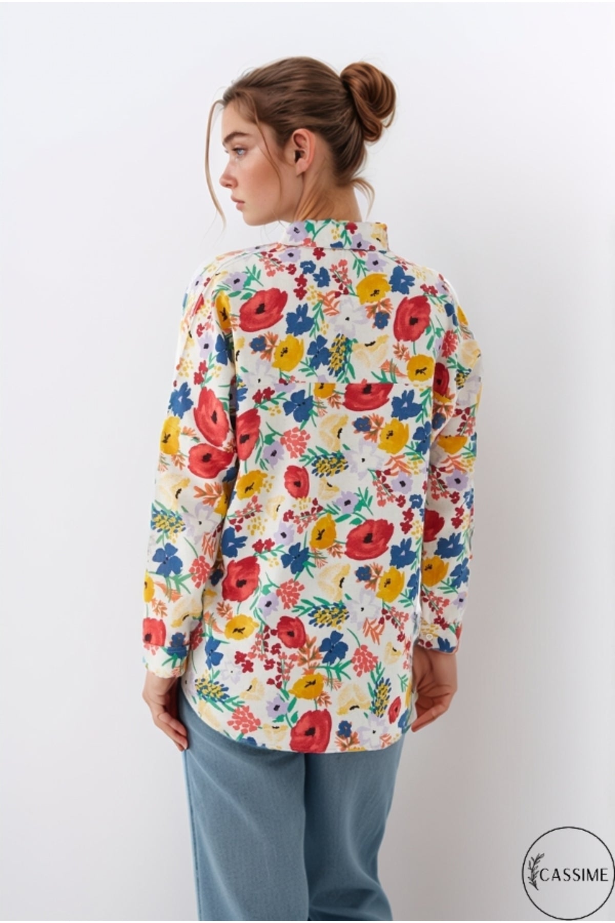 Emilia Women's Linen-Viscose Blend Oversized Printed Shirt - Red and Yellow Floral