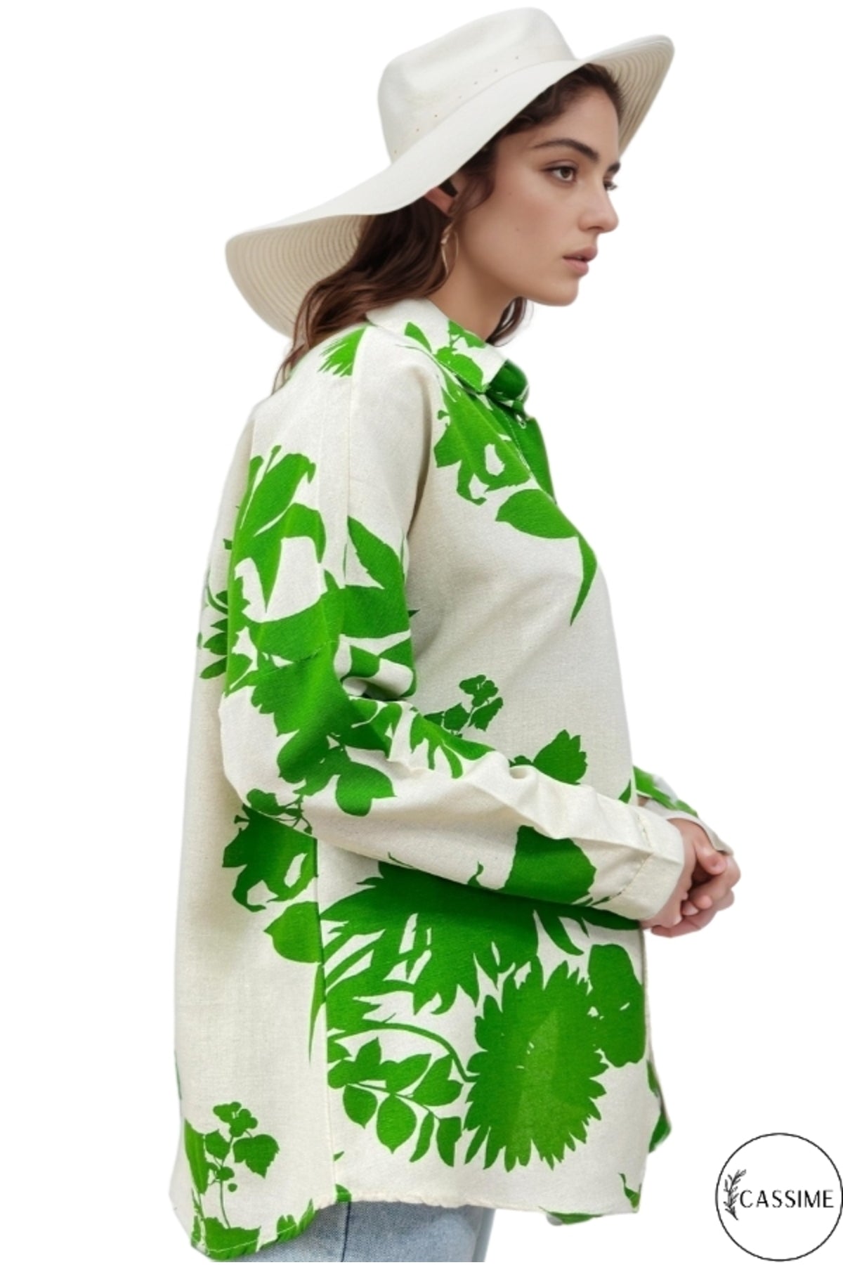 Emilia Women's Linen-Viscose Blend Oversized Printed Shirt - Green Leaf Floral