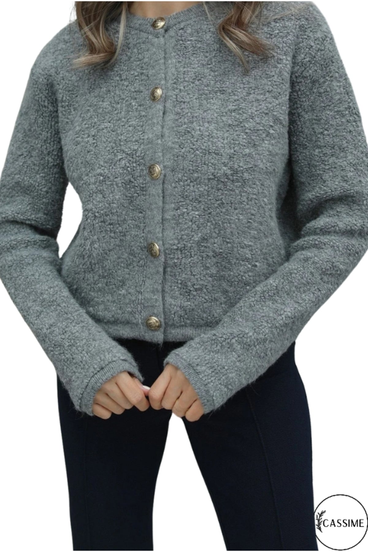 Kayla Women's Gold-Tone Button Teddy Cardigan - Gray