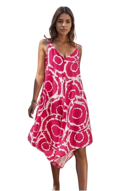 Eliza Women's Linen-Viscose Blend Relaxed Spaghetti Strap Jumpsuit - Pink Round Print