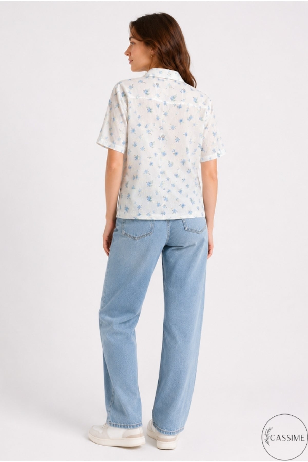 Women's blue mini floral cotton shirt - view 7
