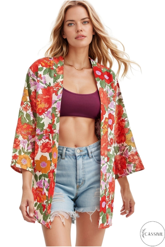 Catherine Women's Linen-Viscose Blend Relaxed Fit Kimono - Bright Red Floral