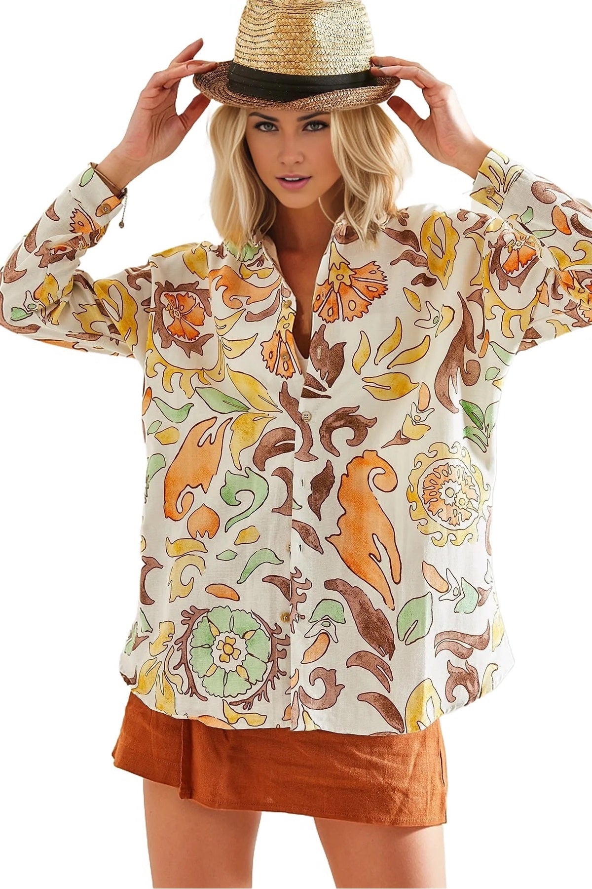 Emilia Women's Linen Blend Oversized Printed Shirt - Light Orange Floral