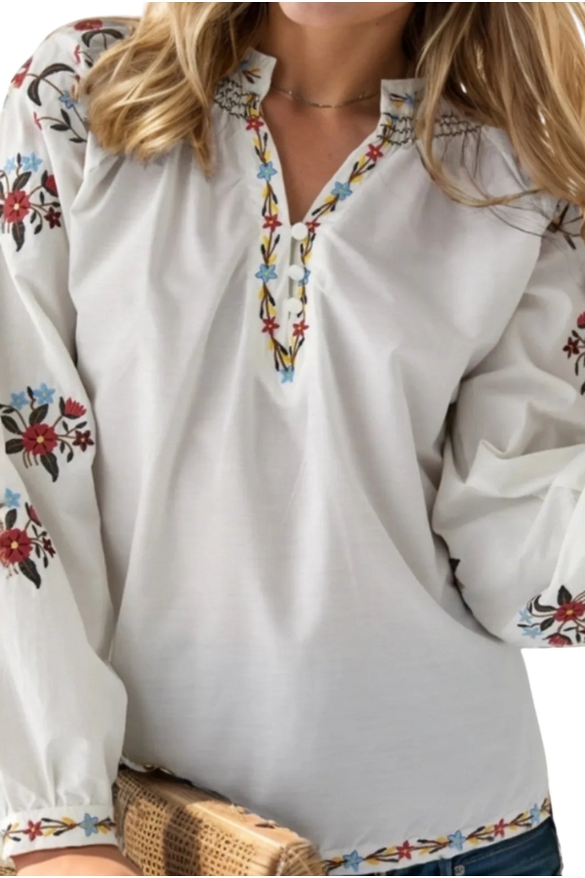 Nicole Women's Cotton Embroidered Long Sleeve Blouse - White Floral Embroidery