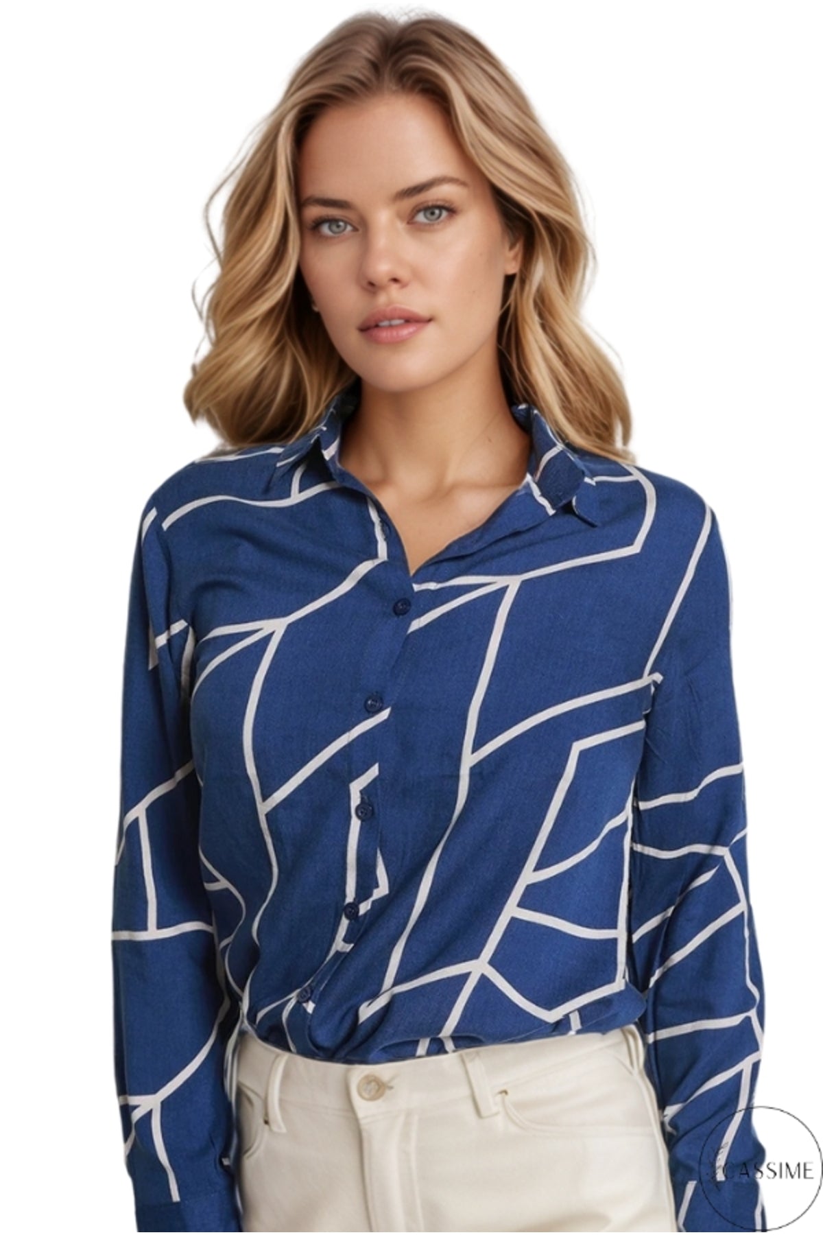 Amelia Women's Viscose Long Sleeve Button-Up Shirt - Navy