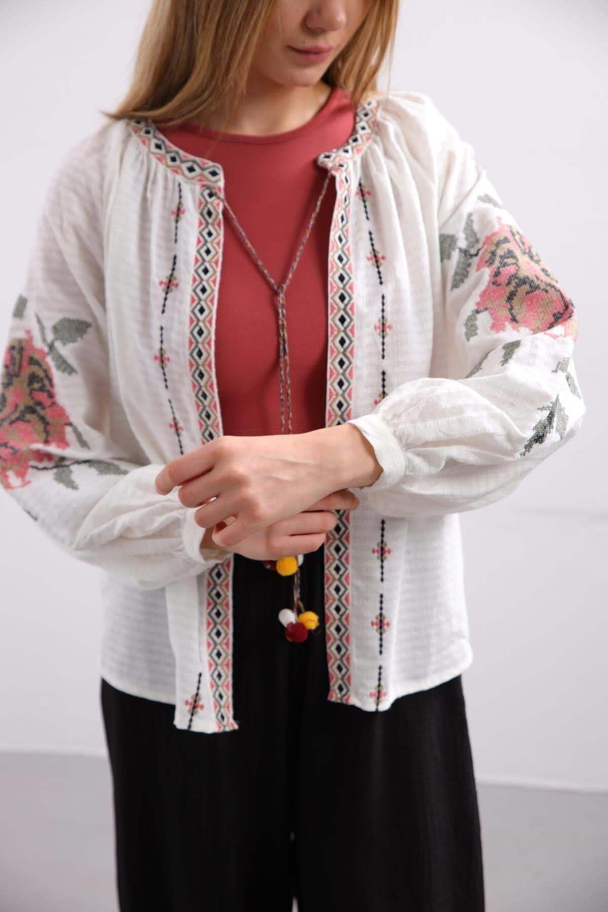 Lilian Women's Rose Embroidered Tie Blouse - Ecru