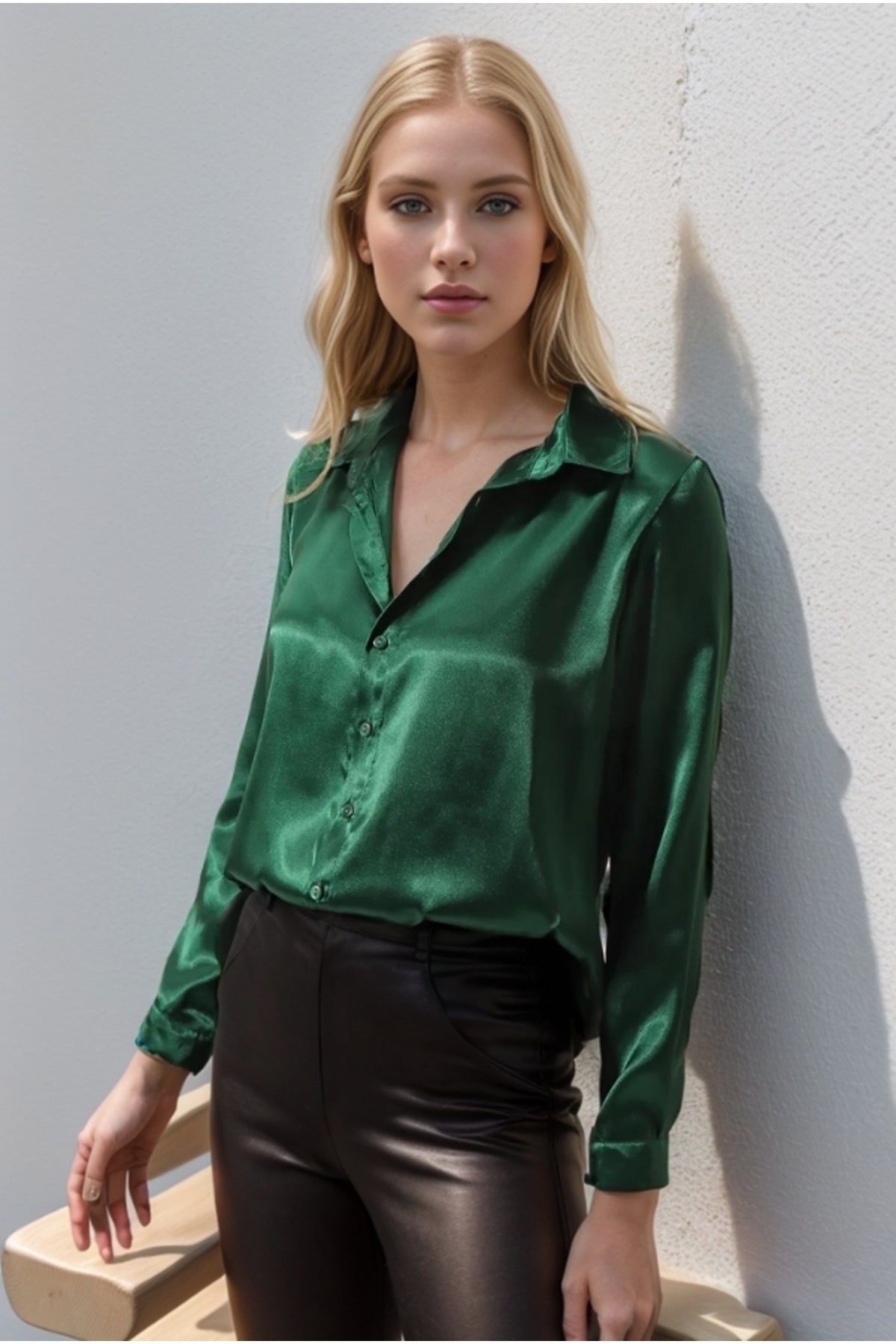 Rebecca Women's Classic Satin Button-Up Shirt - Emerald and Green