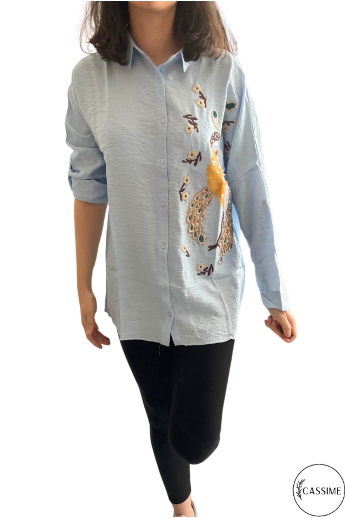 Emily Women's Peacock Sequin Oversized Shirt - Light Blue