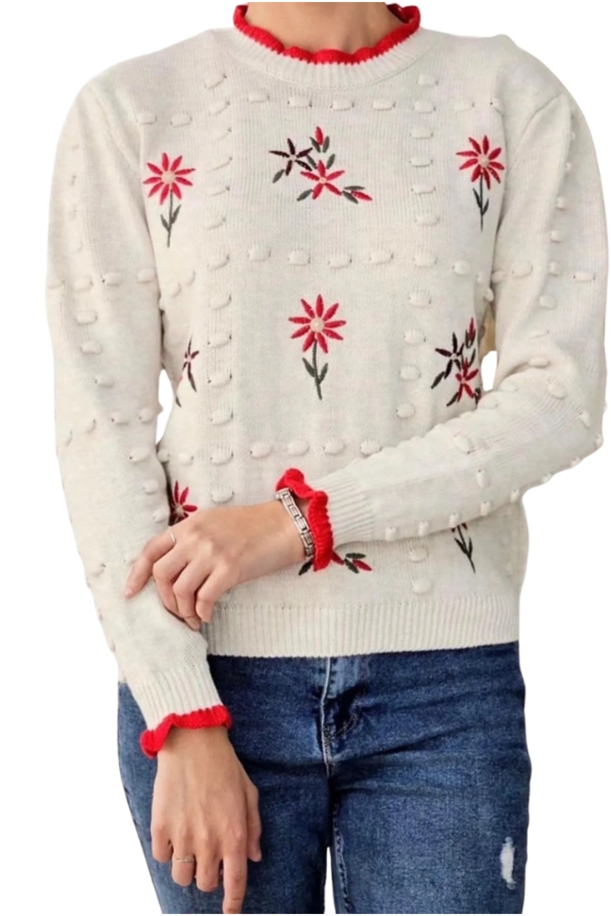 Chelsea Women's Floral Embroidered Crew Neck Sweater - Light Beige with Red Floral Embroidery