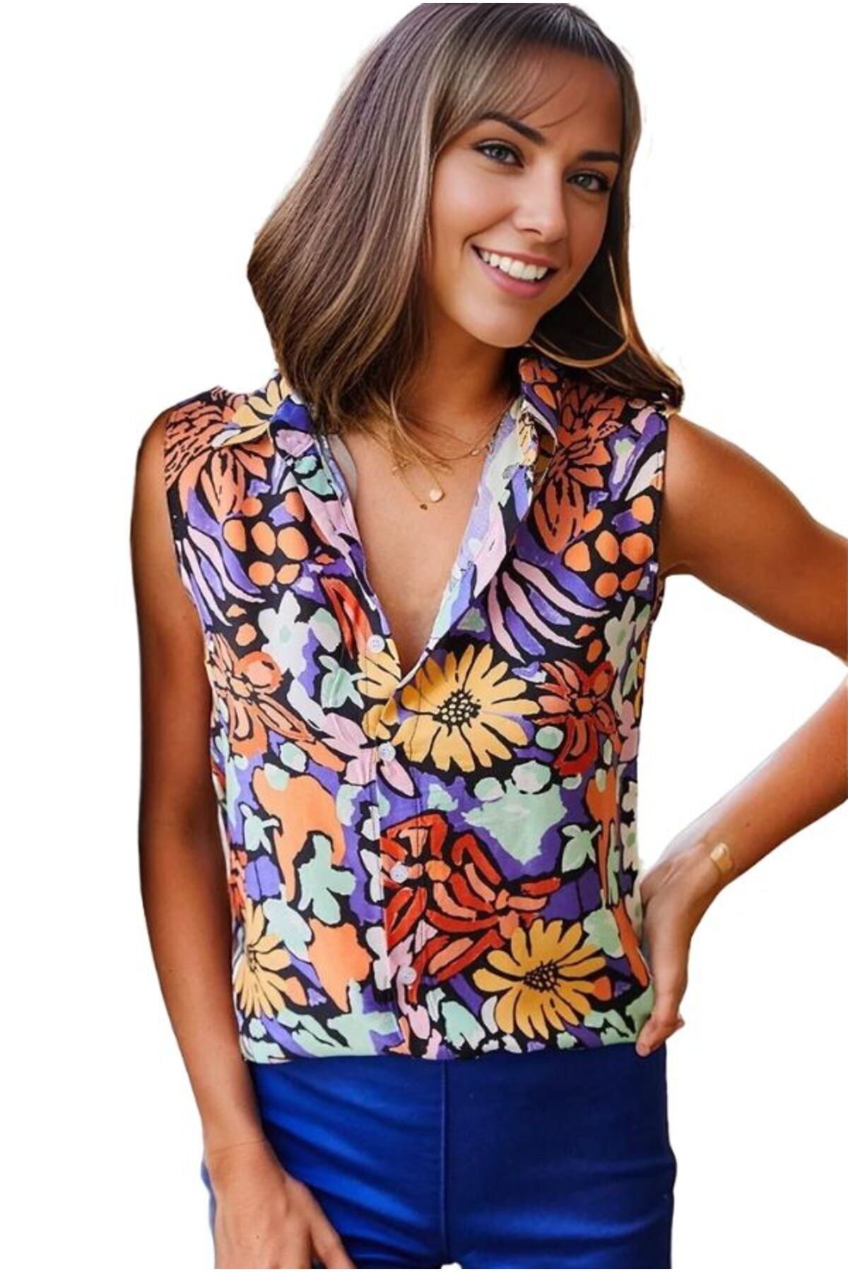 Daisy Women's Sleeveless Button-Up Shirt - Purple Floral