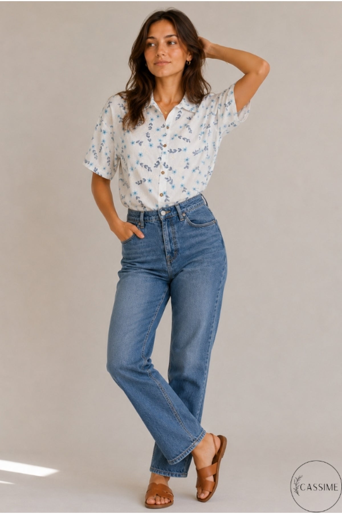 Women's oversized blue floral embroidered button-up shirt - view 5