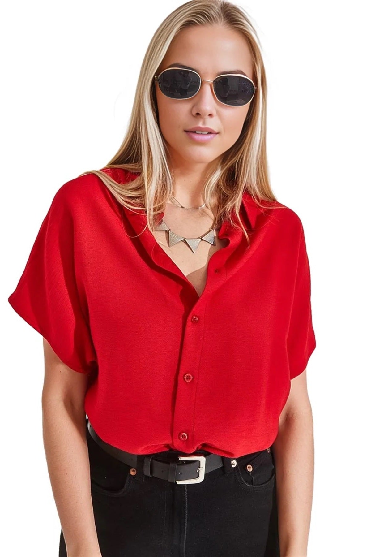 Jocelyn Women's Linen-Viscose Blend Oversized Short Sleeve Batwing Shirt - Red
