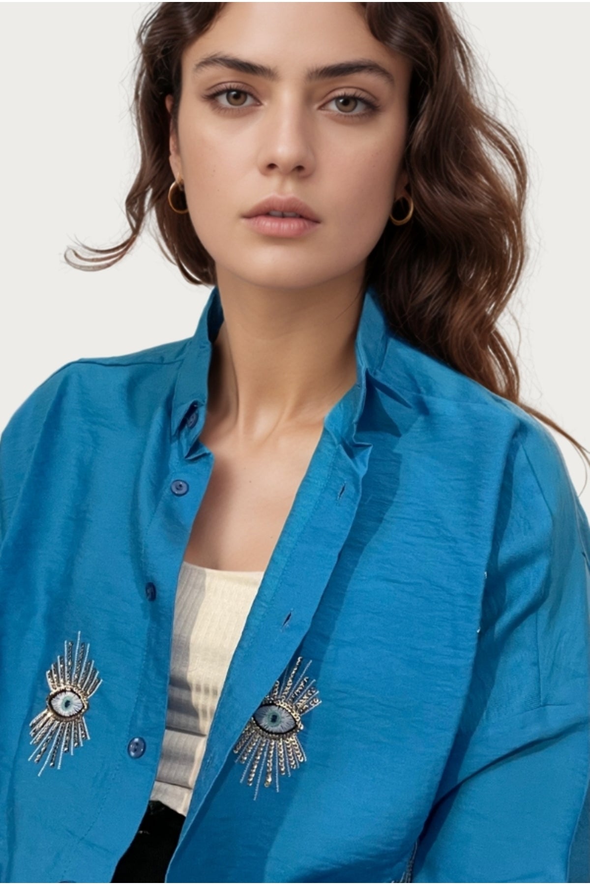 Delilah Women's Cotton Oversized Embellished Long Sleeve Shirt - Turquoise