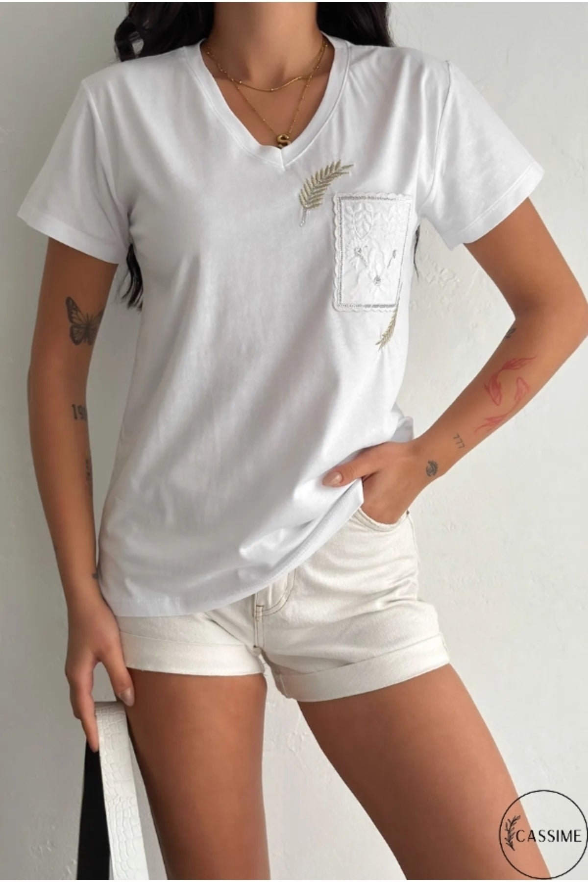 Olivia Women's Cotton Plus Size Embellished V-Neck T-Shirt - White with Pocket Embroidery