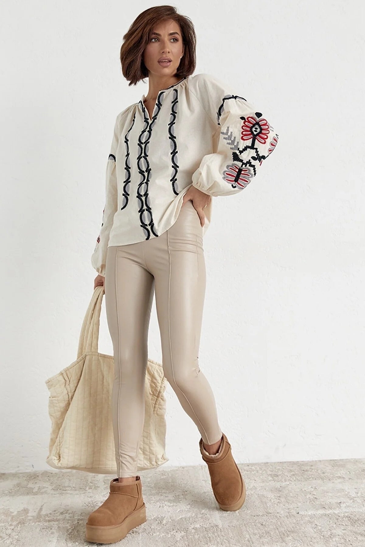 Rosa Women's Cotton Embroidered Long Sleeve Tie Blouse - Cream