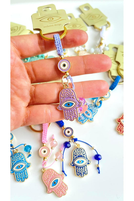 Brianna Gold-Plated Evil Eye Bead Keychain - Lilac Hamsa Design