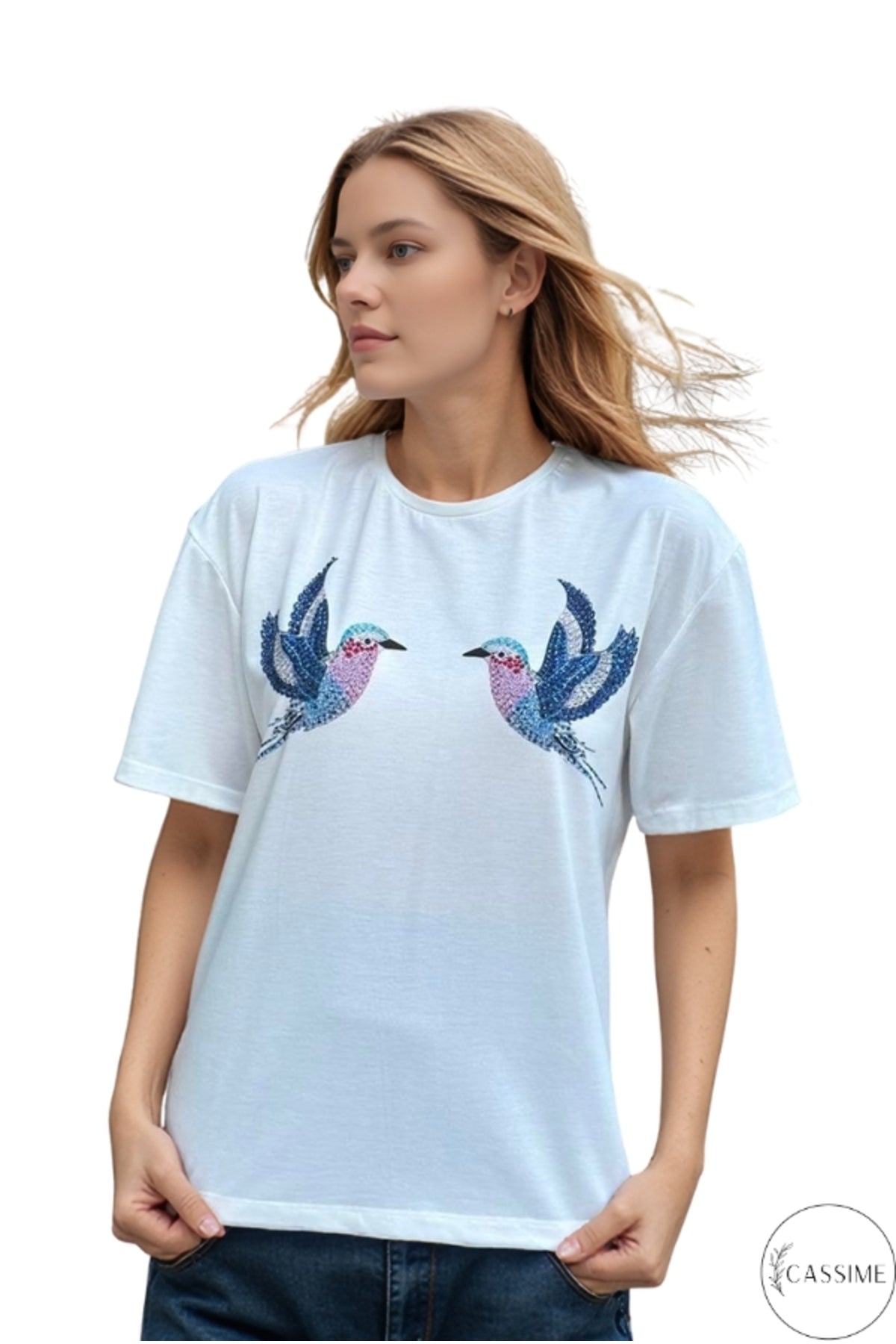 Cecilia Women's Cotton Bird Sequin T-Shirt - White Bird Print