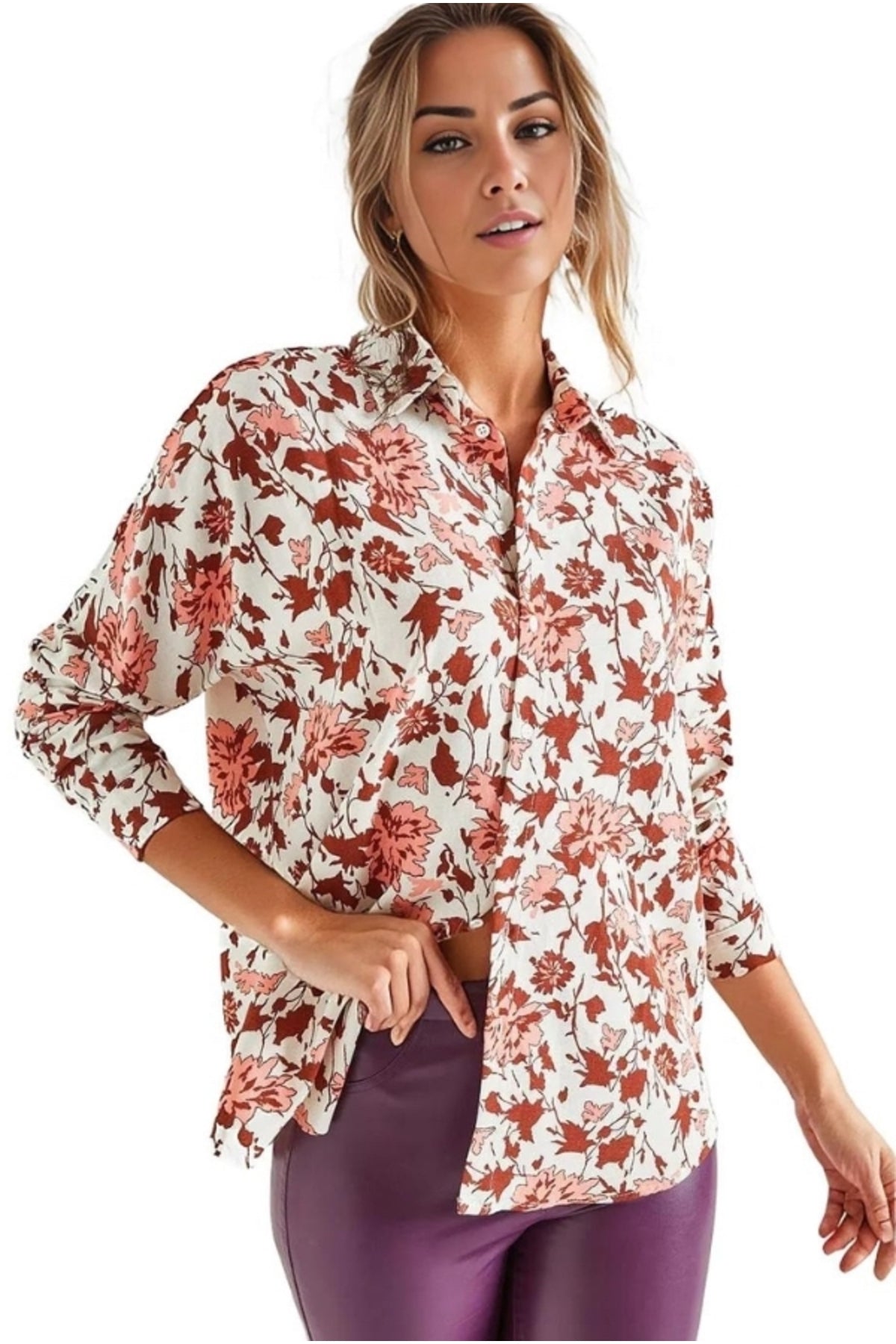 Emilia Women's Linen-Viscose Blend Oversized Printed Shirt - Burgundy Floral
