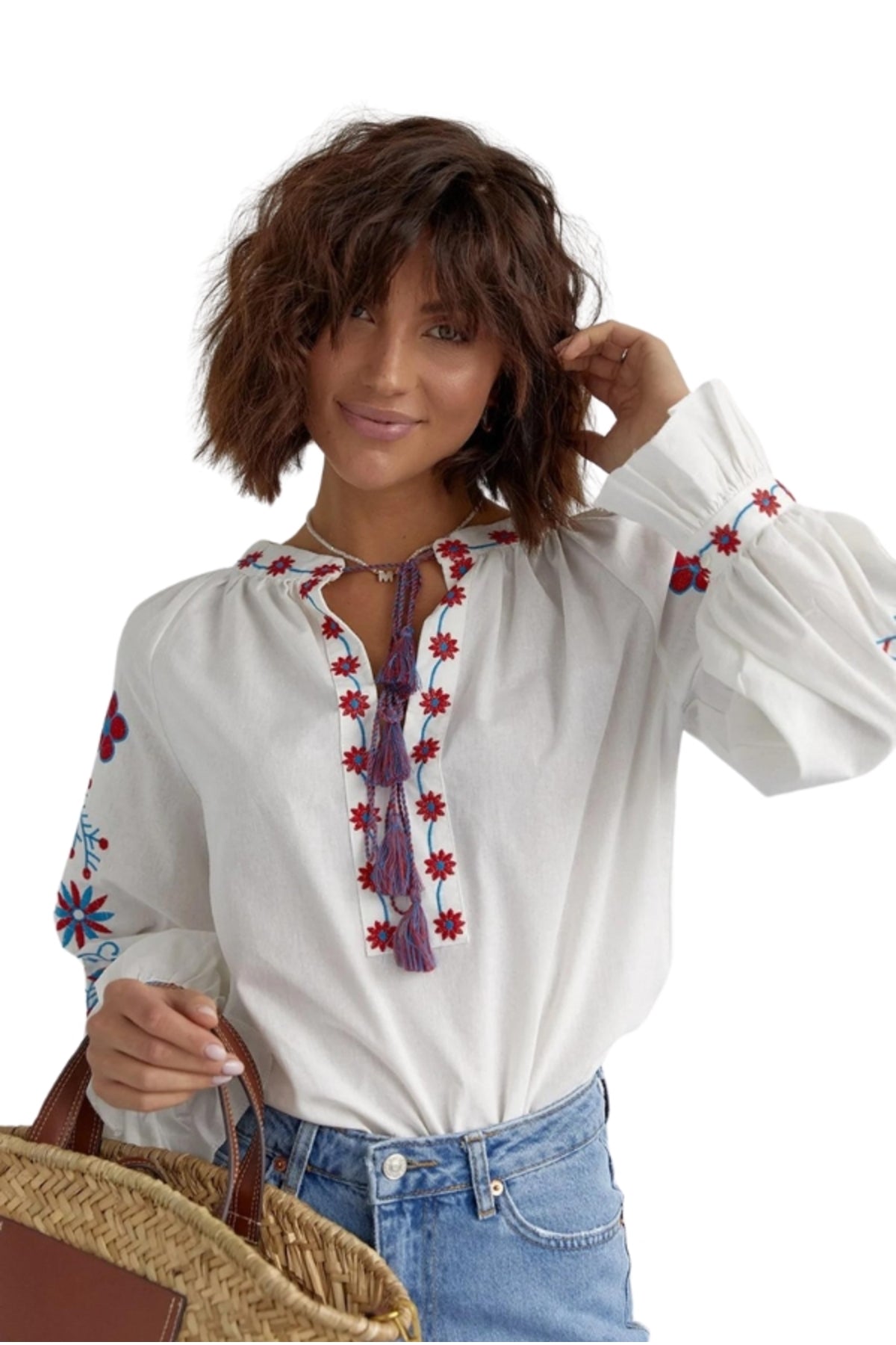 Crystal Women's Cotton Embroidered Long Sleeve Tie Blouse - Blue and Red Floral