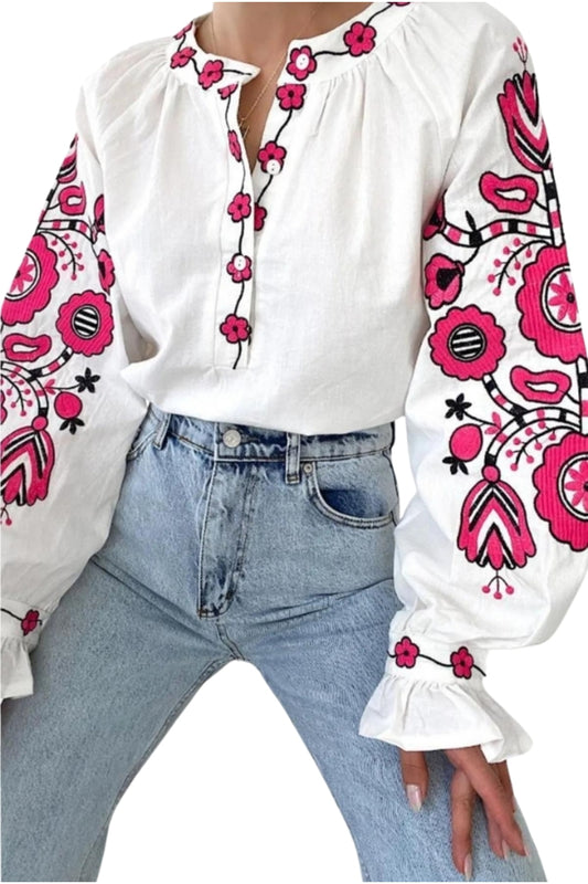 Crystal Women's Cotton Embroidered Long Sleeve Tie Blouse - Pink Floral