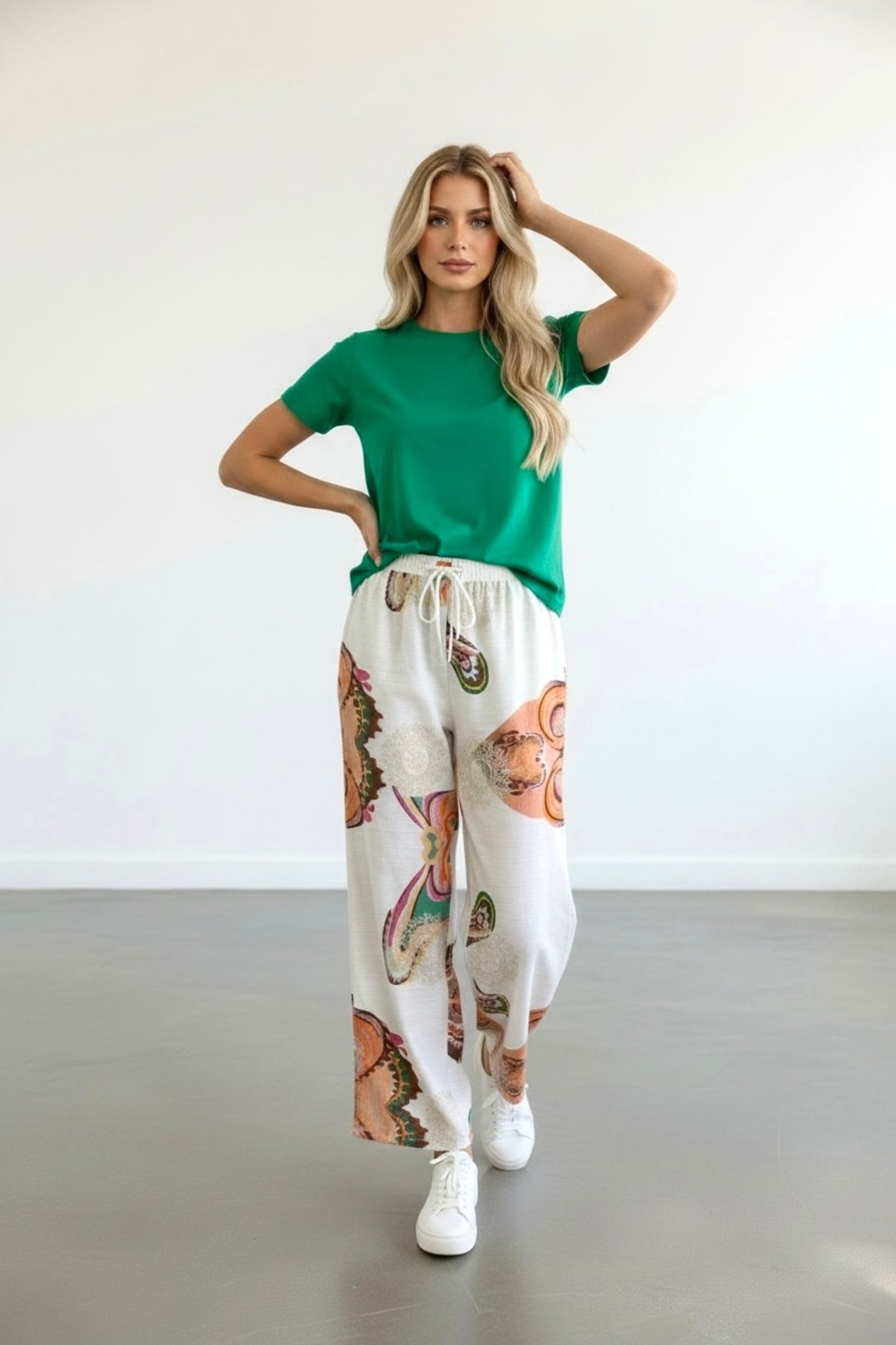 Lucy Women's Viscose Wide Leg Palazzo Pants - Ecru with Orange and Green Shimmer Print