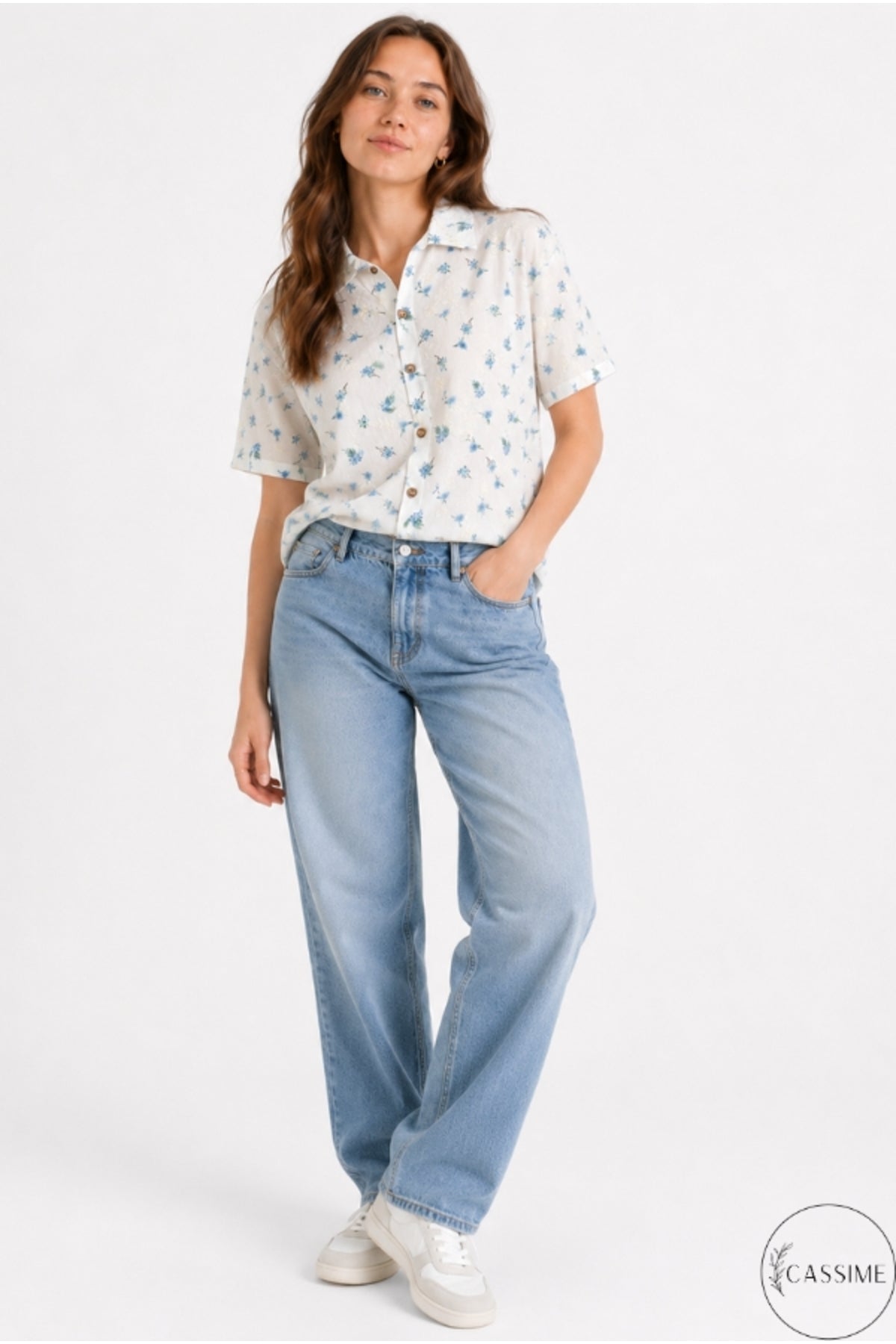 Women's Blue Mini Floral Cotton Short Sleeve Shirt - product photo 6