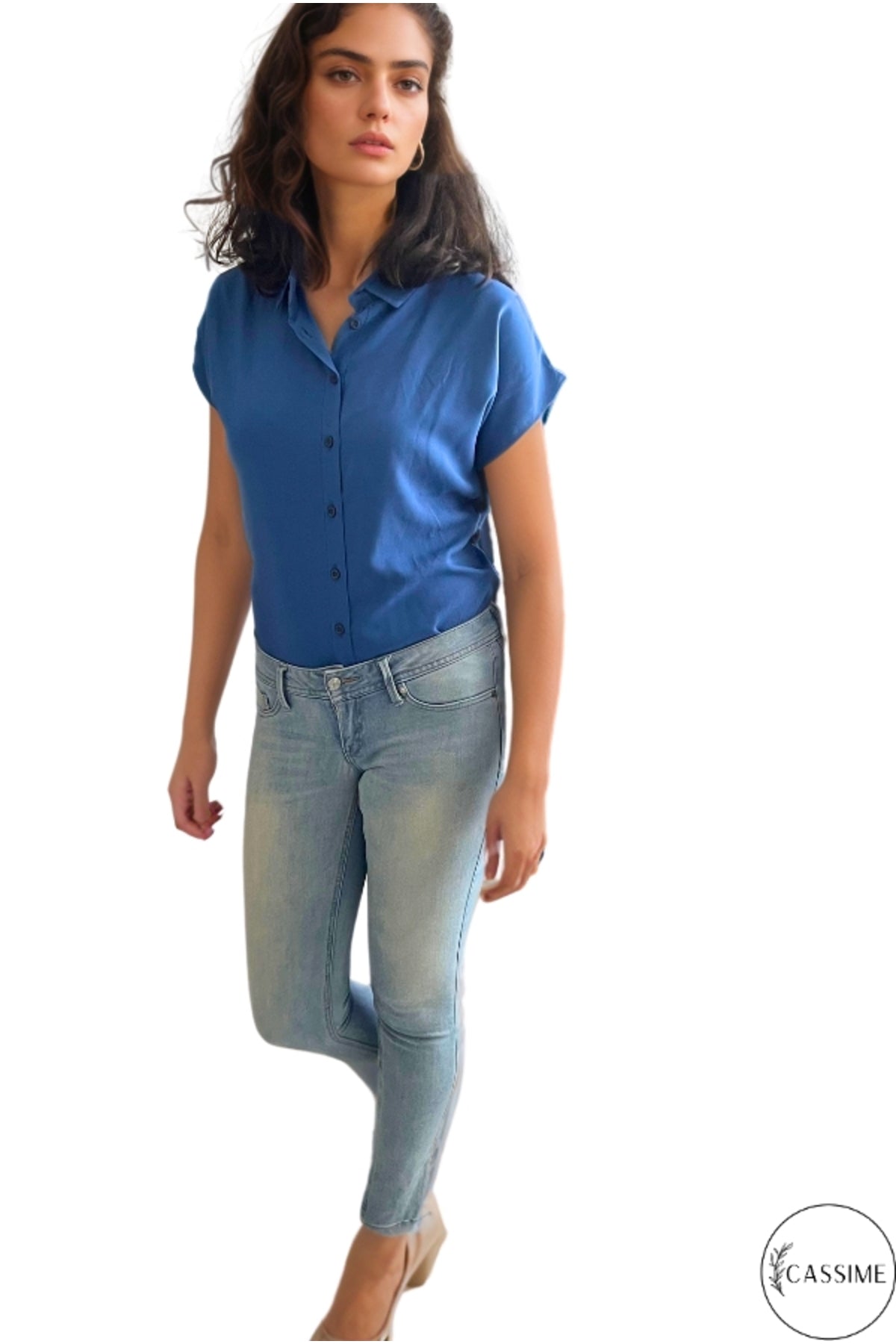 Esme Women's Viscose Short Sleeve Batwing Shirt - Light Navy