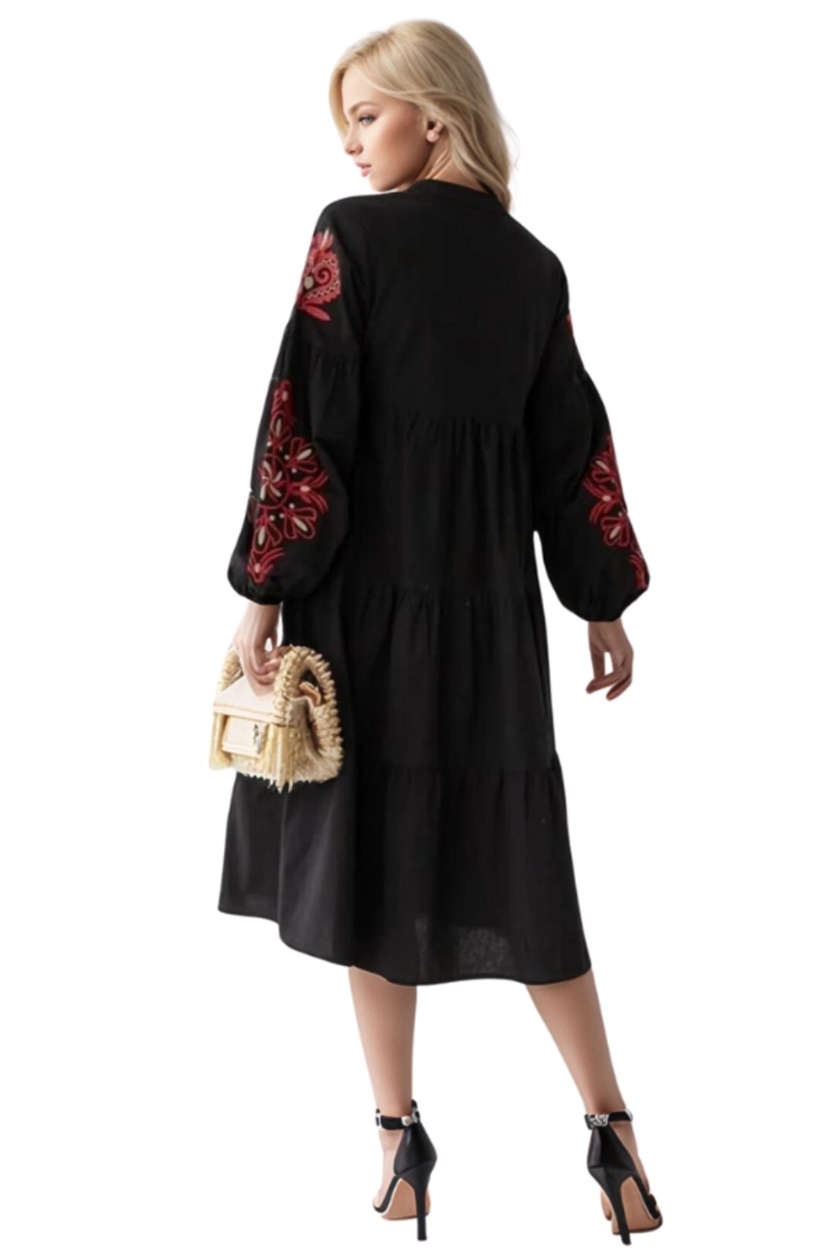 Lola Women's Embroidered Balloon Sleeve Dress - Black