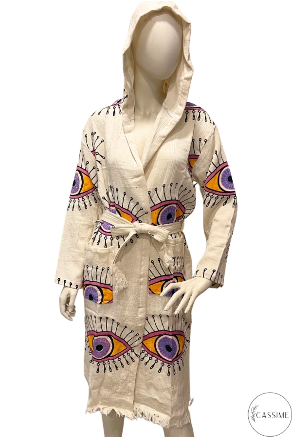 Heidi Women's Evil Eye Hooded Muslin Beach Robe - Lilac and Pink Evil Eye Design