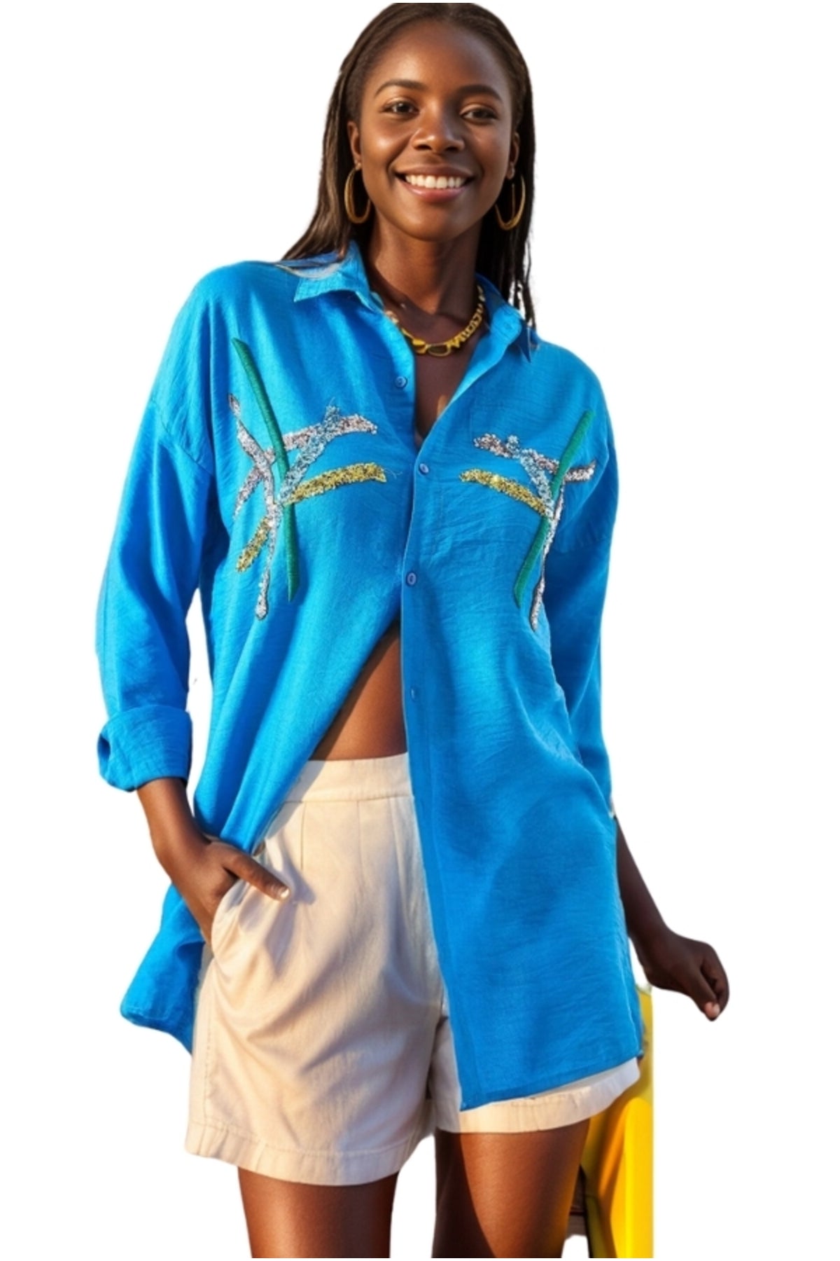 Natasha Women's Embroidered Oversized Shirt - Royal Blue Striped