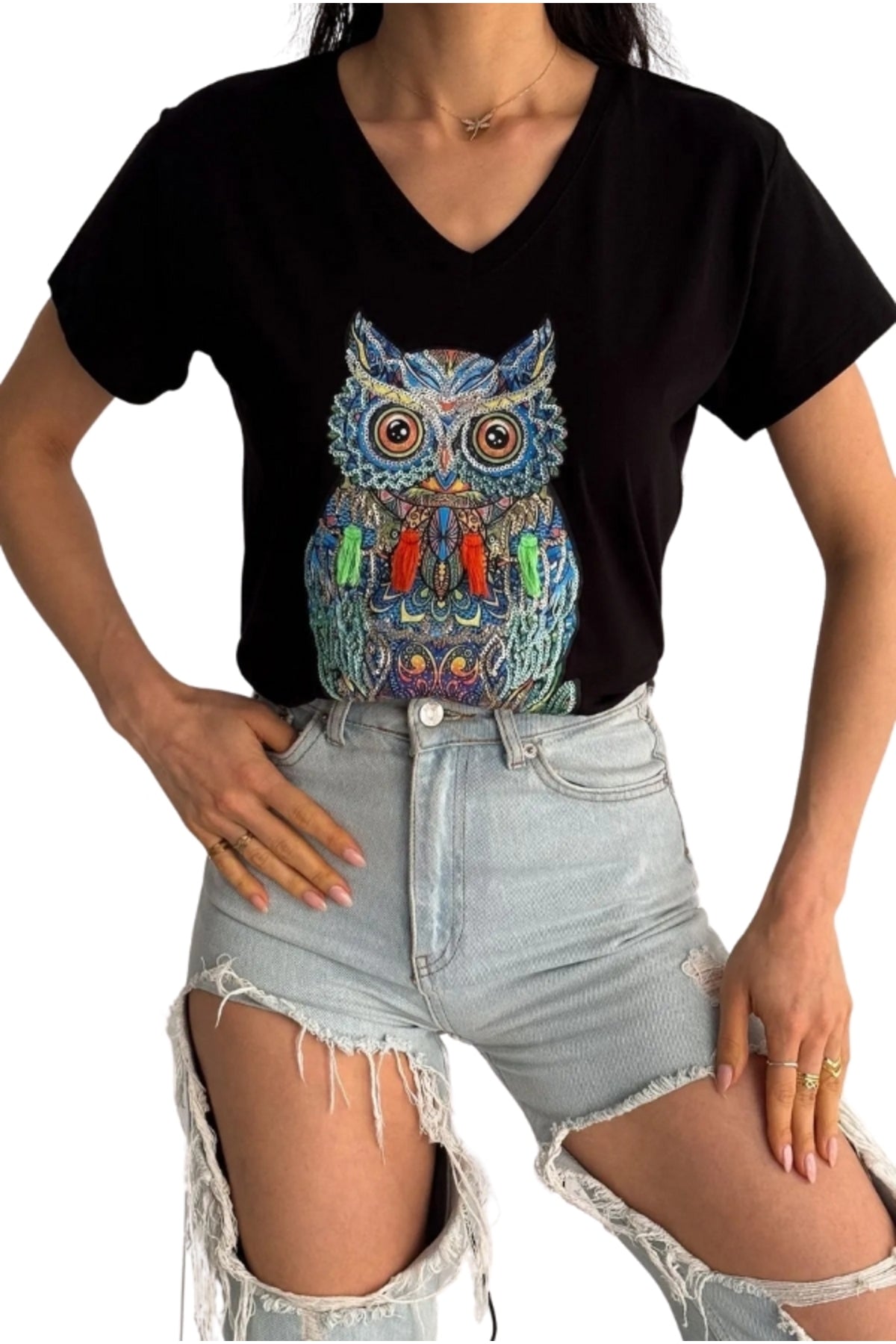Olivia Women's Cotton Plus Size Embellished V-Neck T-Shirt - Black Owl Print