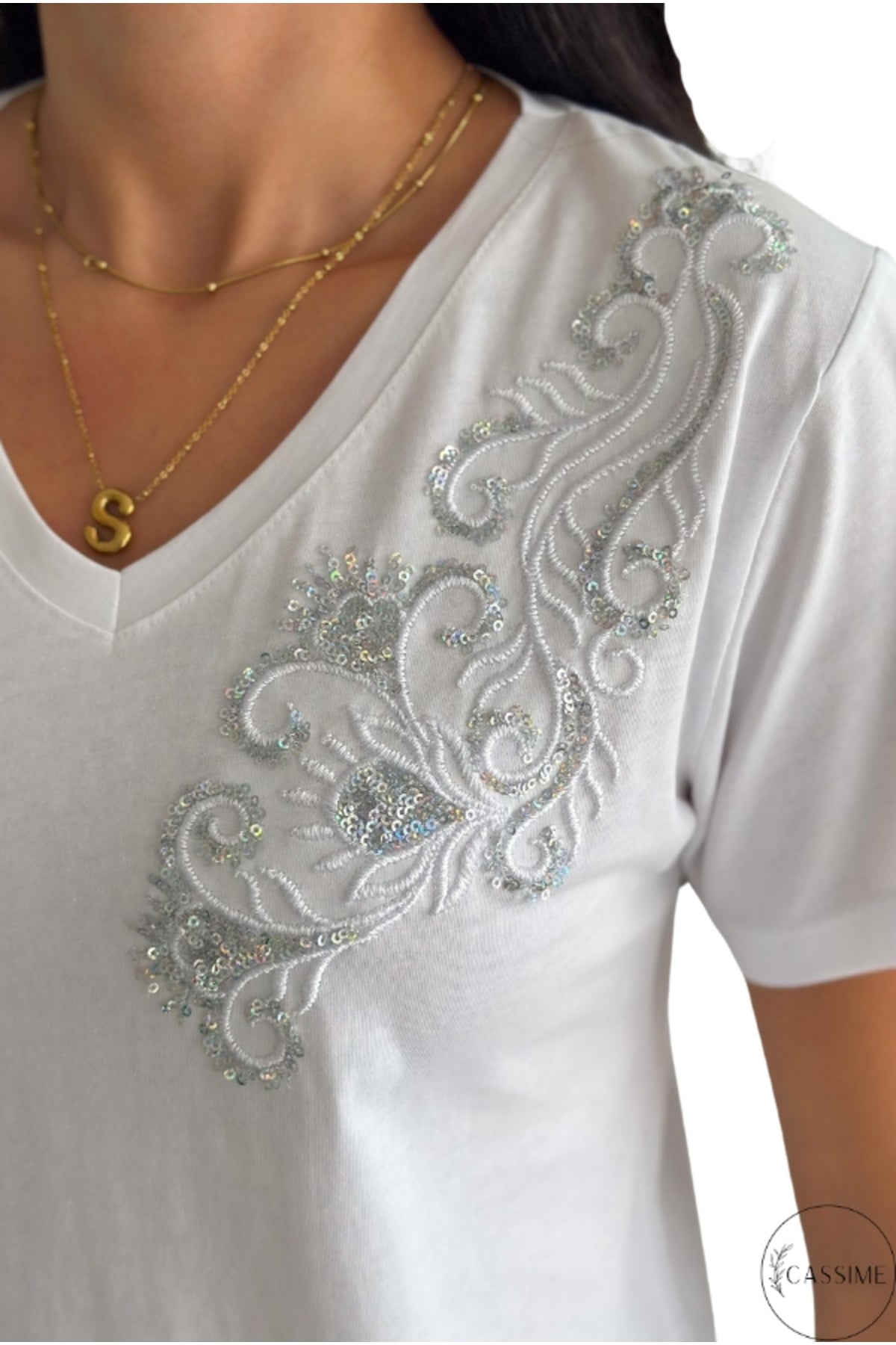 Olivia Women's Cotton Plus Size Embellished V-Neck T-Shirt - White with Shoulder Sequins