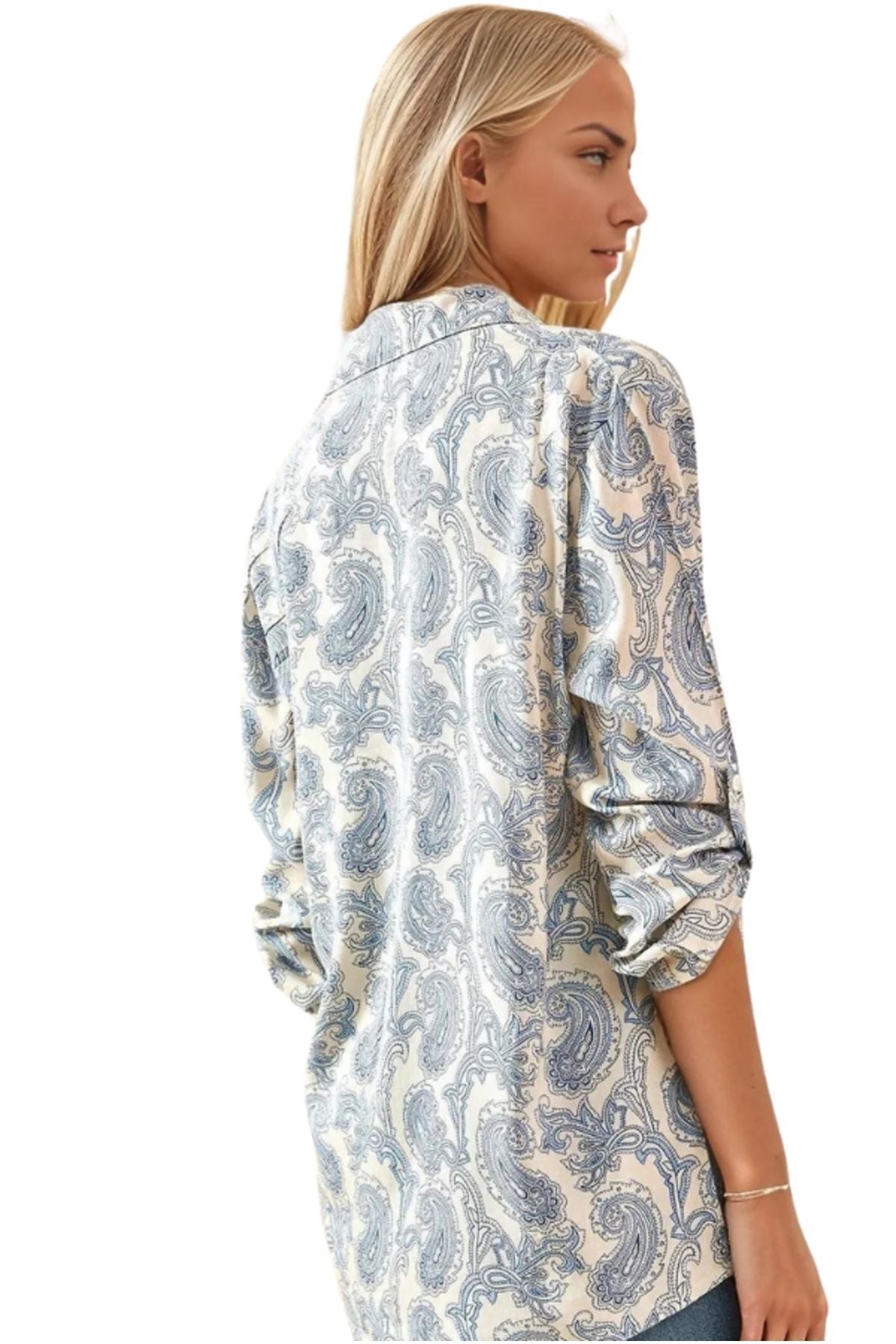 Amelia Women's Viscose Long Sleeve Button-Up Shirt - Light Blue Paisley Print