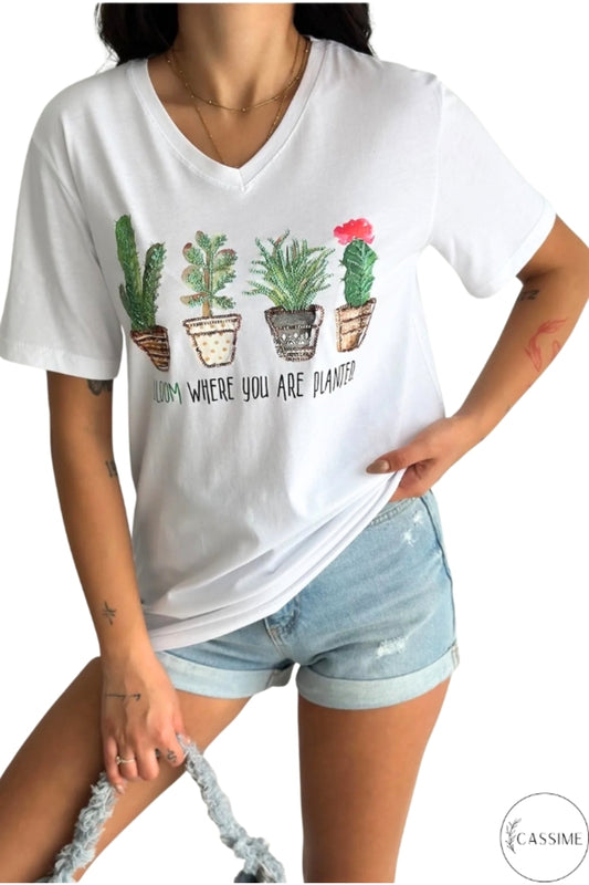 Sophie Women's Cotton Embellished V-Neck T-Shirt - White Cactus Print