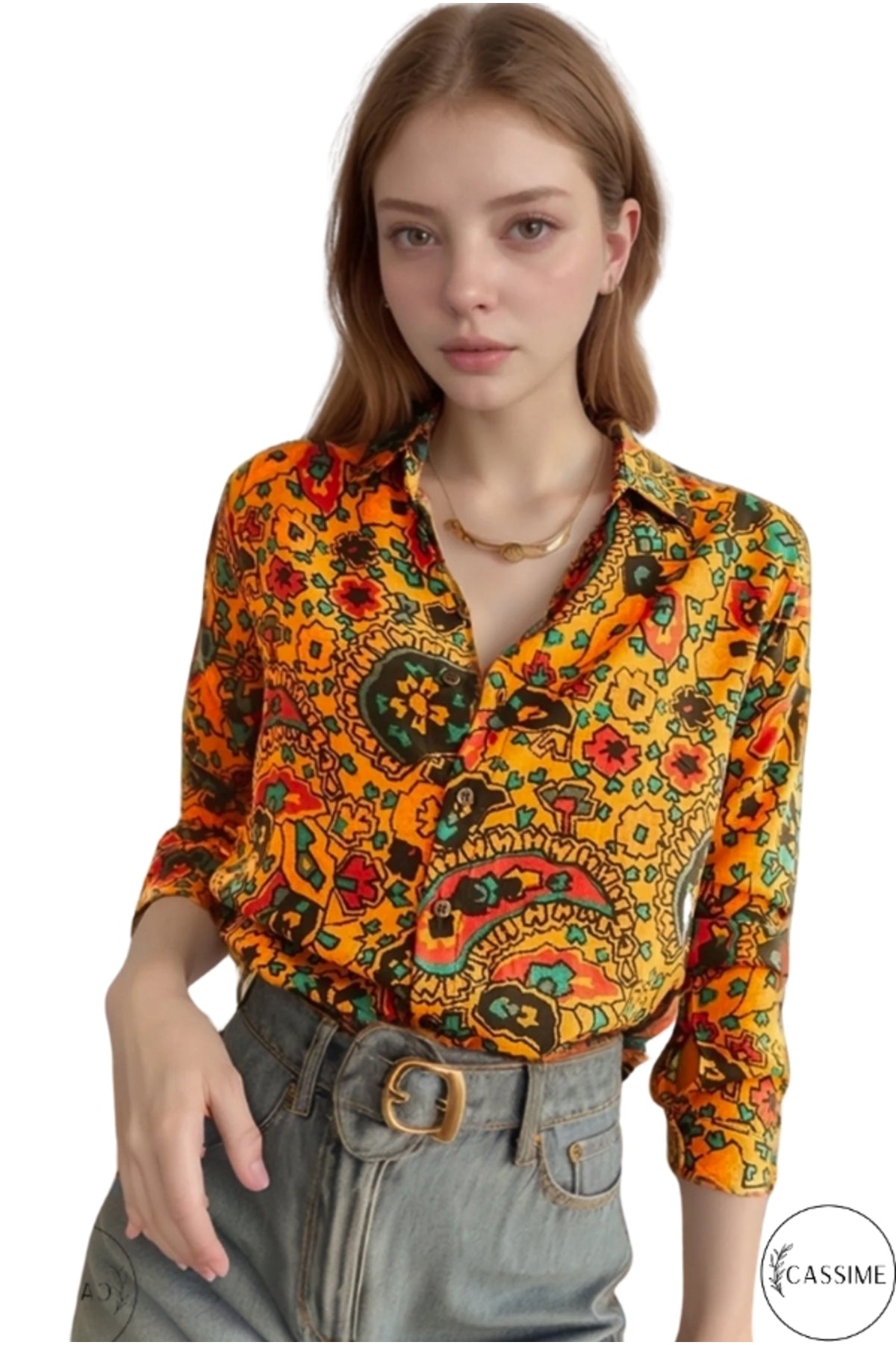 Amelia Women's Viscose Long Sleeve Button-Up Shirt - Mustard Paisley Print