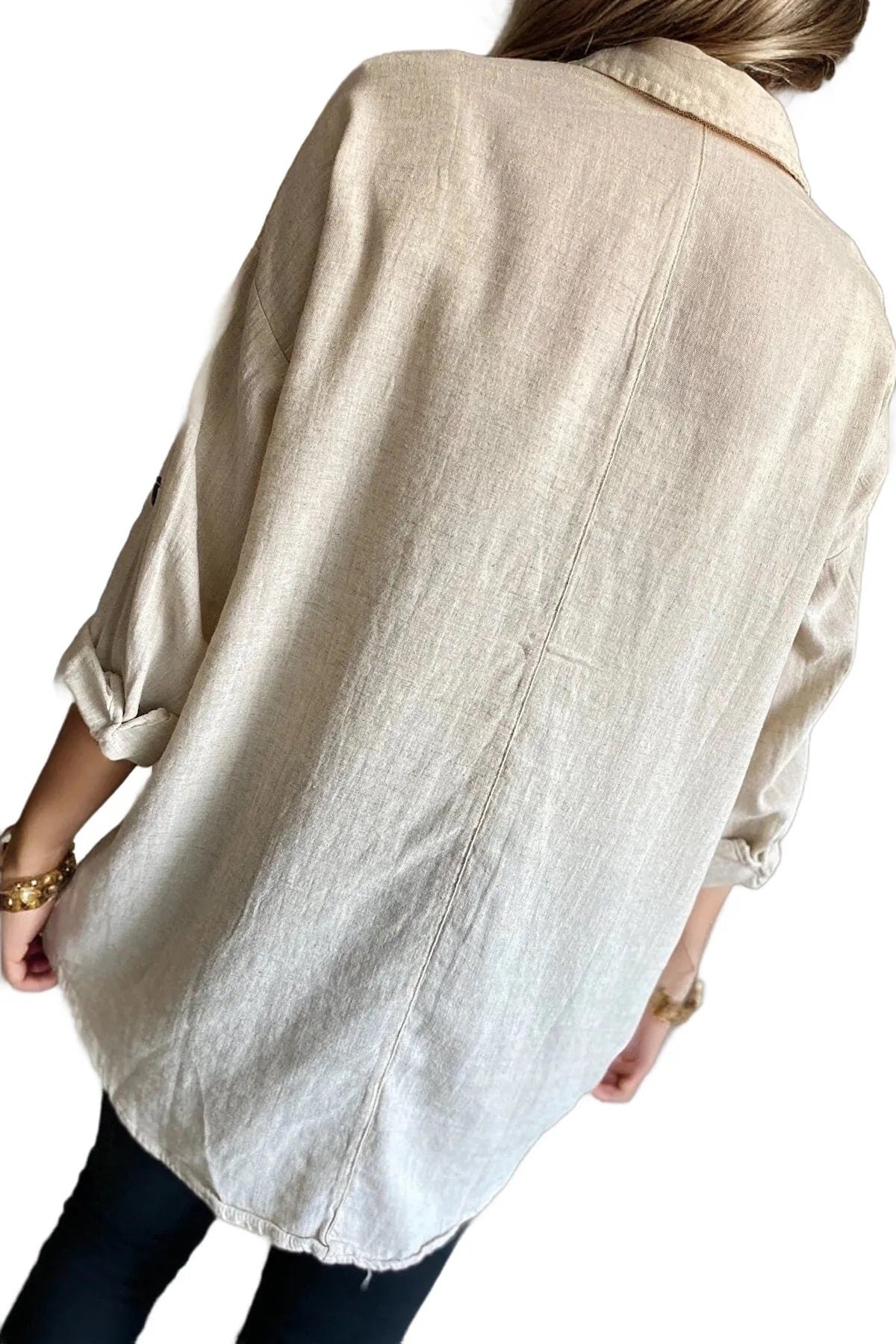 Jasmine Women's Cotton-Linen Blend Oversized Longline Button-Up Shirt - Beige