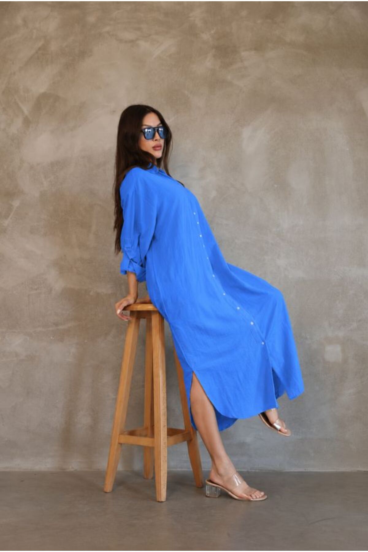 Hazel Women's Oversized Muslin Shirt Dress - Dark Blue Muslin