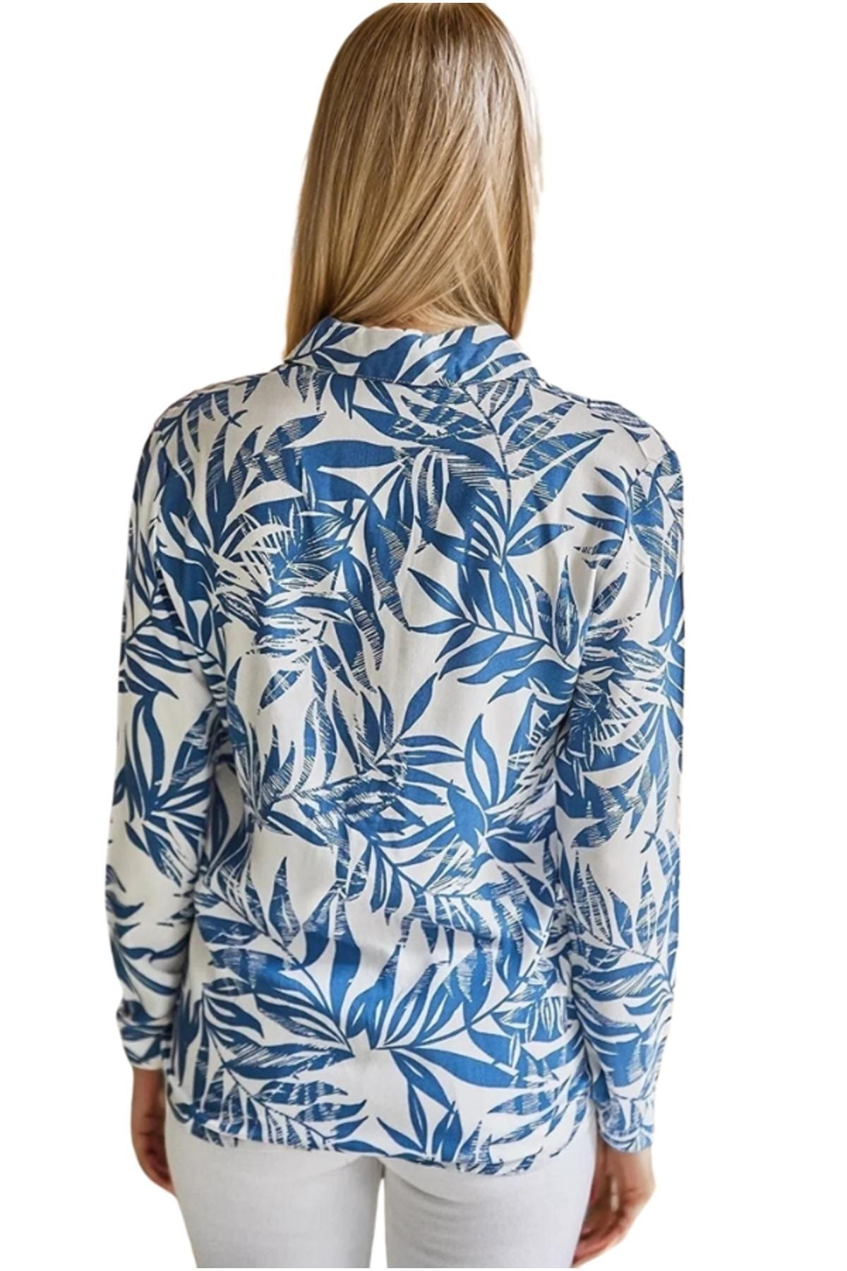 Amelia Women's Viscose Long Sleeve Button-Up Shirt - Blue and White Leaf Print