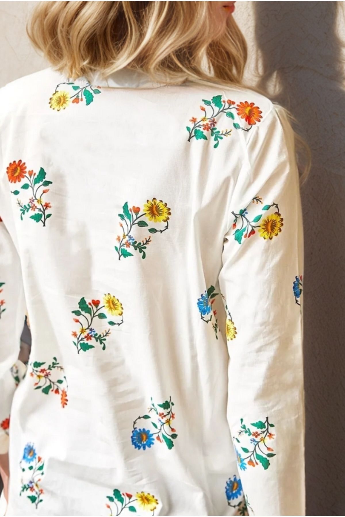 Amelia Women's Viscose Long Sleeve Button-Up Shirt - White with Bright Multicolor Flowers