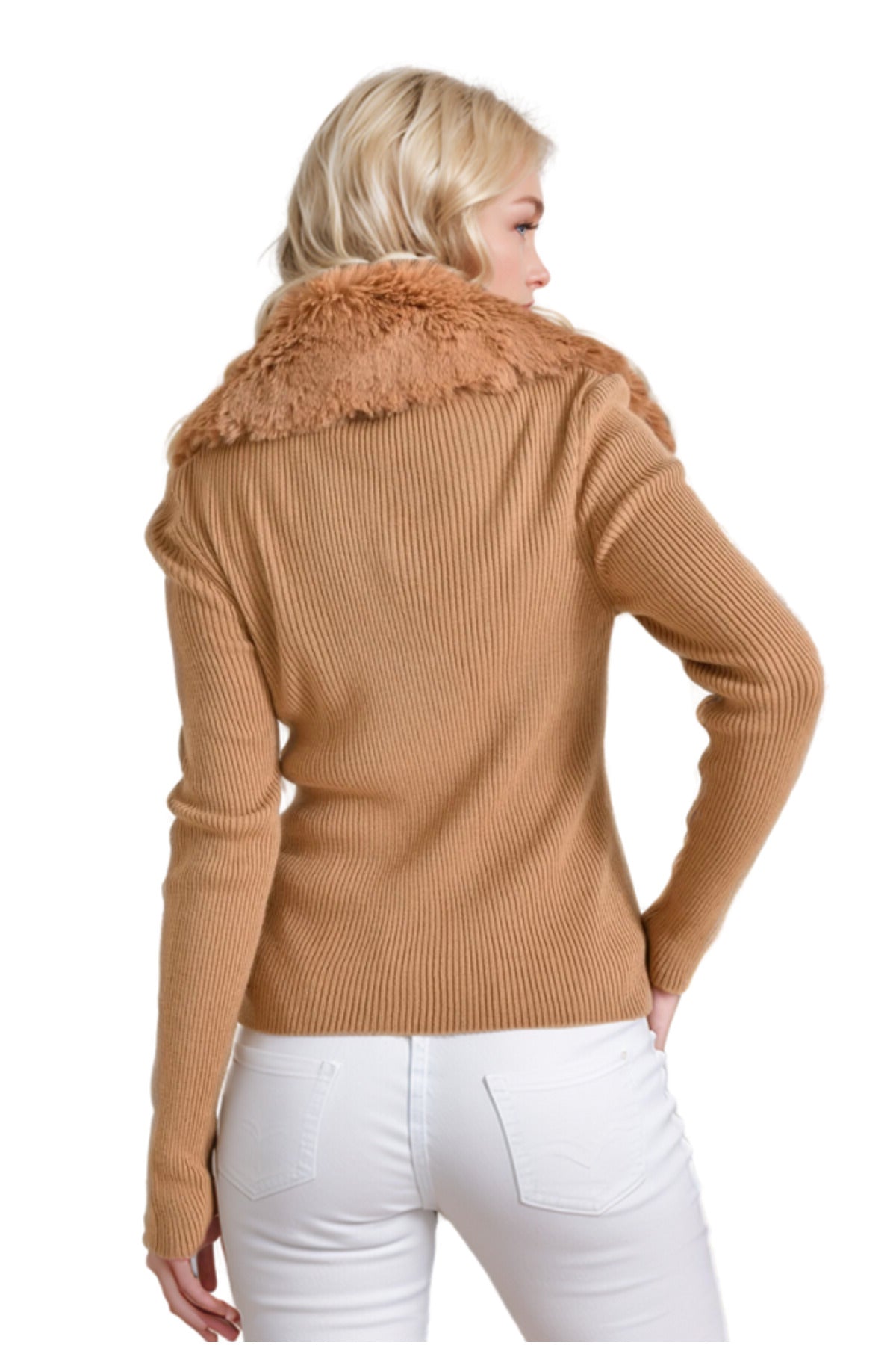 Lila Women's Fur-Trim Collar Zip Knit Sweater - Brown