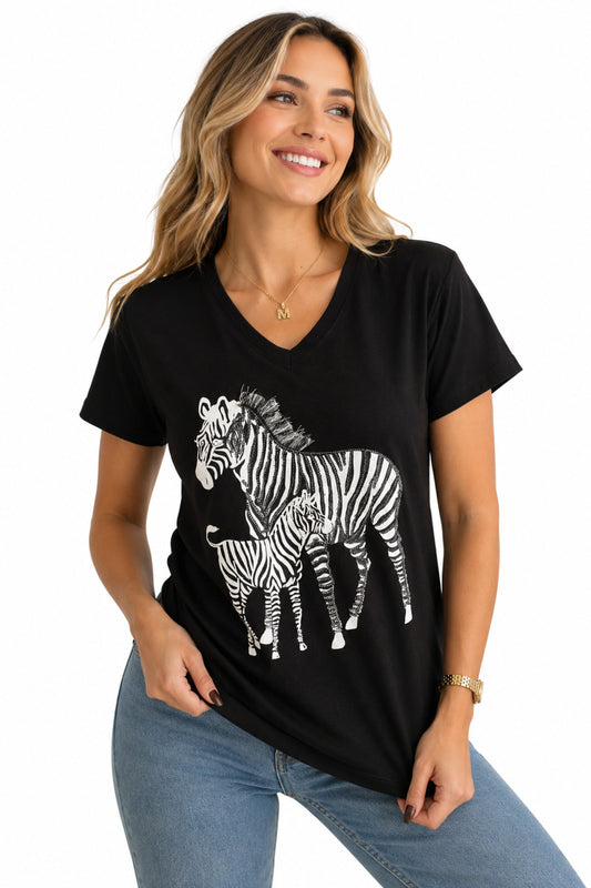 Olivia Women's Cotton Plus Size Embellished V-Neck T-Shirt - Black Zebra Print