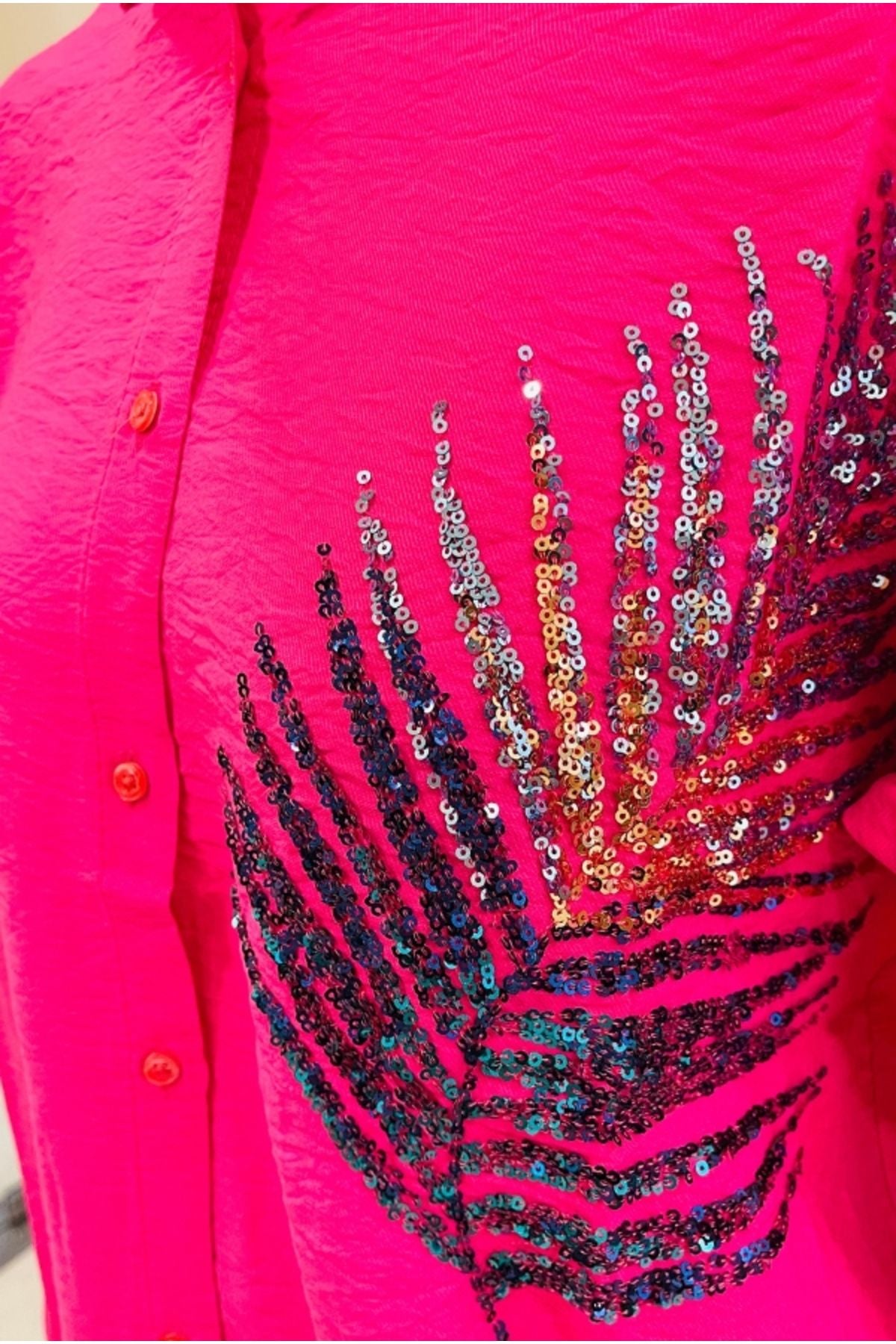 Delilah Women's Linen Oversized Embellished Long Sleeve Shirt - Fuchsia