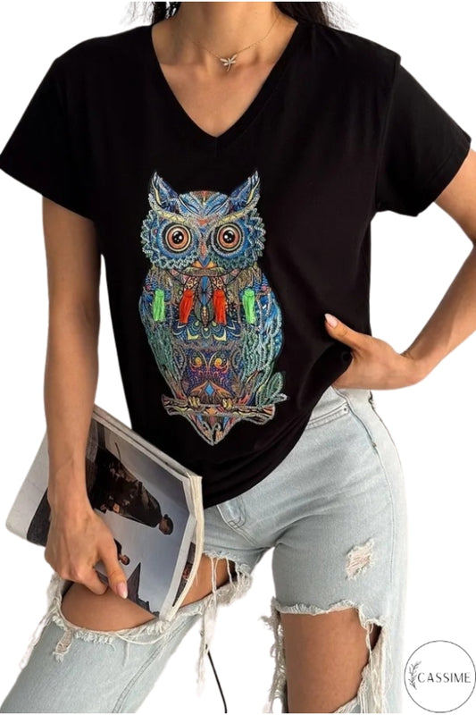 Olivia Women's Cotton Plus Size Embellished V-Neck T-Shirt - Black Owl Print