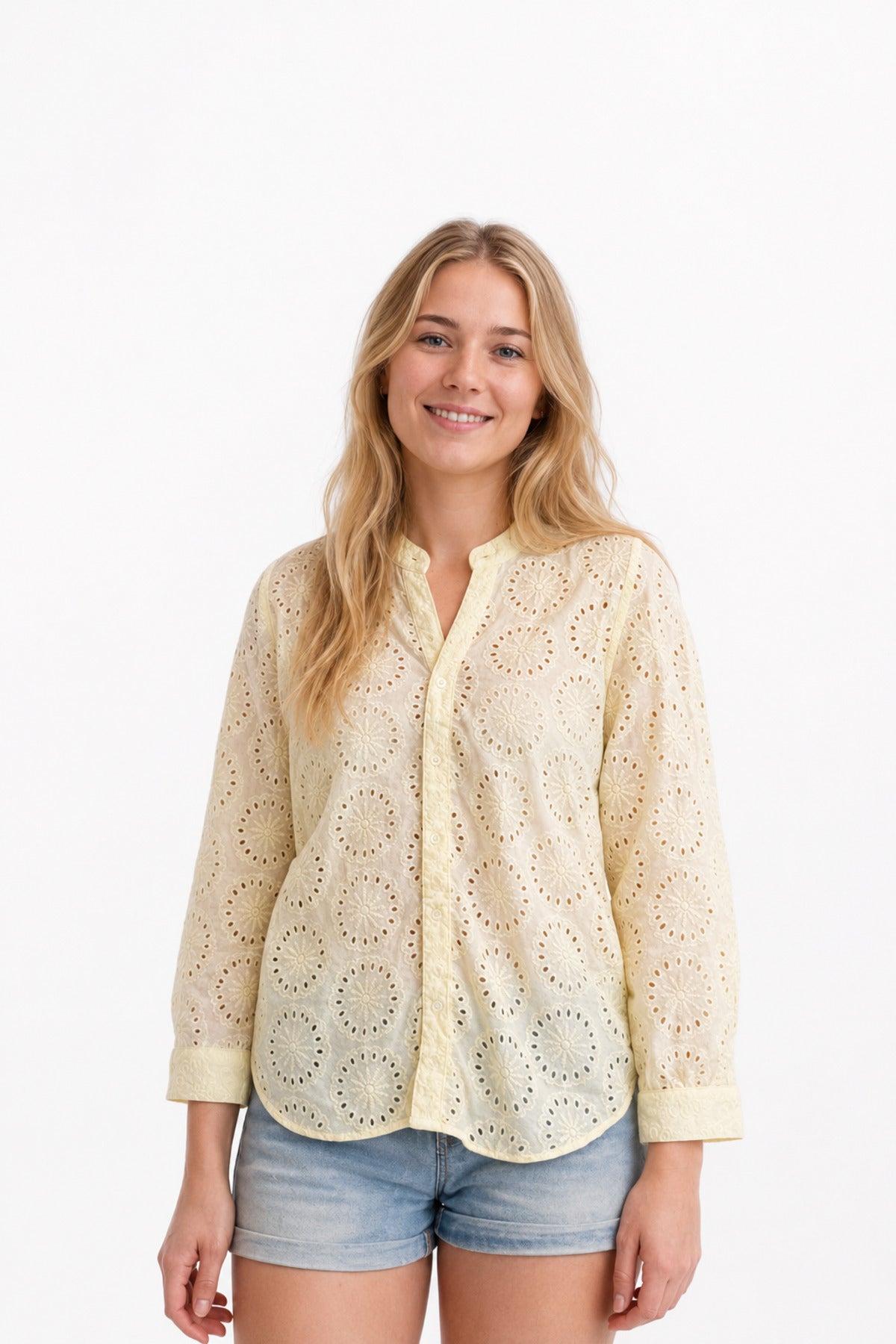 Isla Women's Cotton Embroidered Relaxed Fit Shirt - Light Yellow